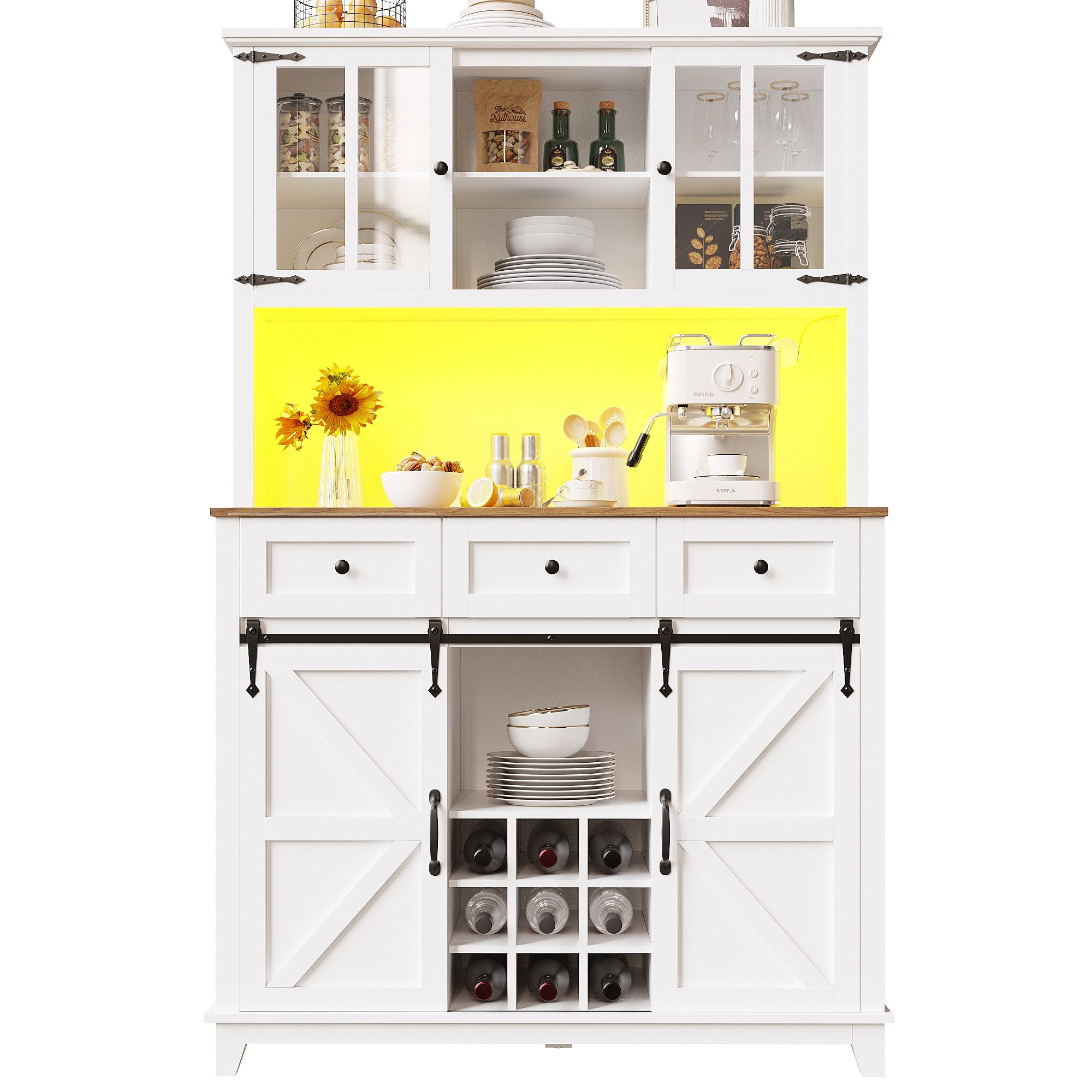 i@home Hochschrank Küchenschrank mit LED-Beleuchtung, schwarz/weiß Hochschrank mit Verstellbaren Ablagen, und Variable Lichtfarben LED