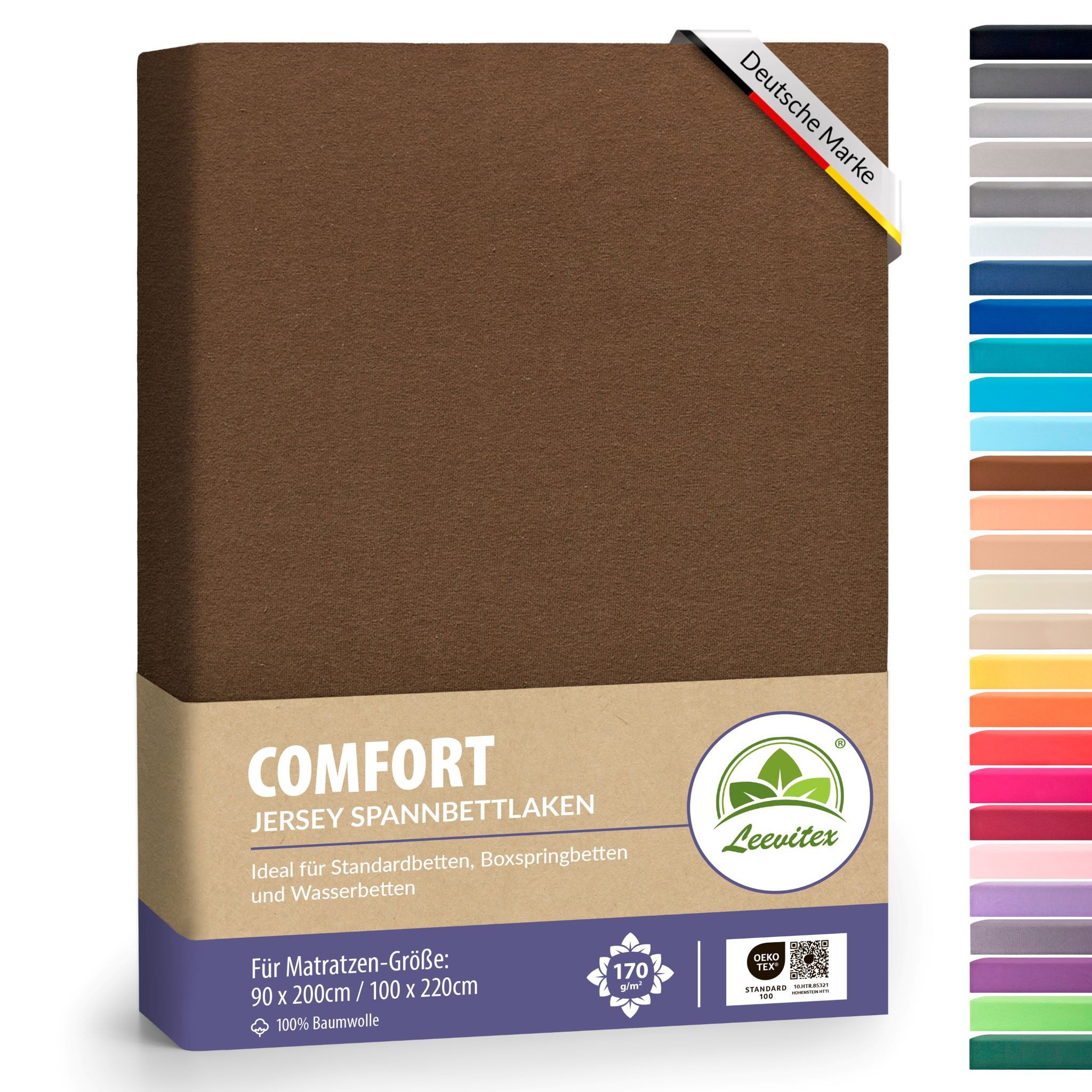 leevitex® Spannbettlaken verschiedene Größen, Stoffgewicht 170 g/m², 40 cm Steghöhe, Jersey, Gummizug: rundum, (1 Stück), verschiedene Farben, OEKO-TEX® STANDARD 100 zertifiziert