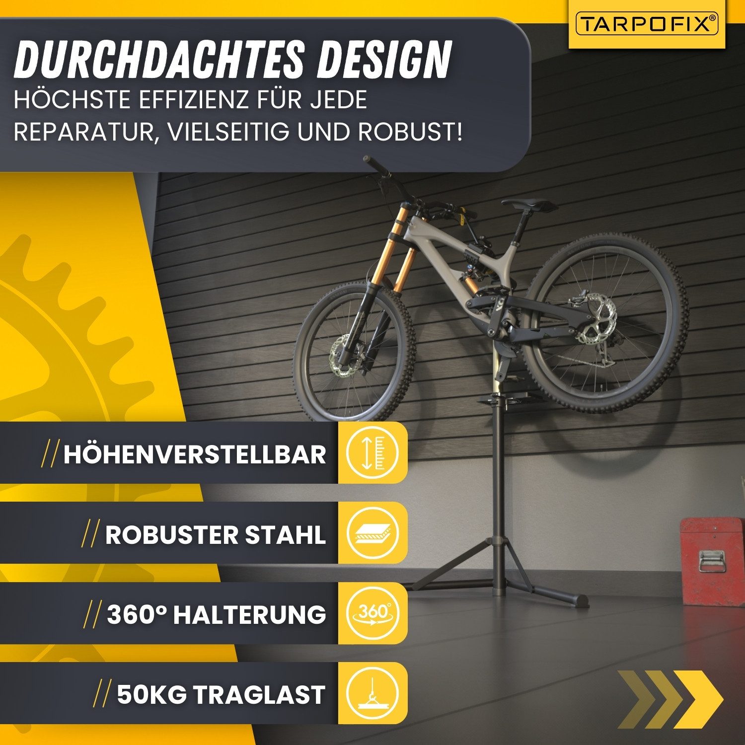 Tarpofix® Fahrrad-Montageständer Höhenverstellbarer Fahrrad-Montageständer bis 50 kg, Reparaturständer mit 360° drehbarem Klemmkopf und magnetischer Ablage