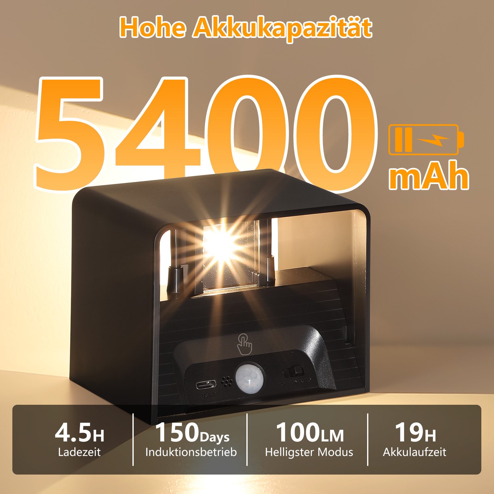 Kimjo Wandleuchte Akku-Wandleuchte mit 5400 mAh, Bewegungsmelder & Fernbedienung, LED fest integriert, Warmweiß, Neutralweiß, Kaltweiß, LED-Wandlampe mit Fernbe – Bild 5 von 5