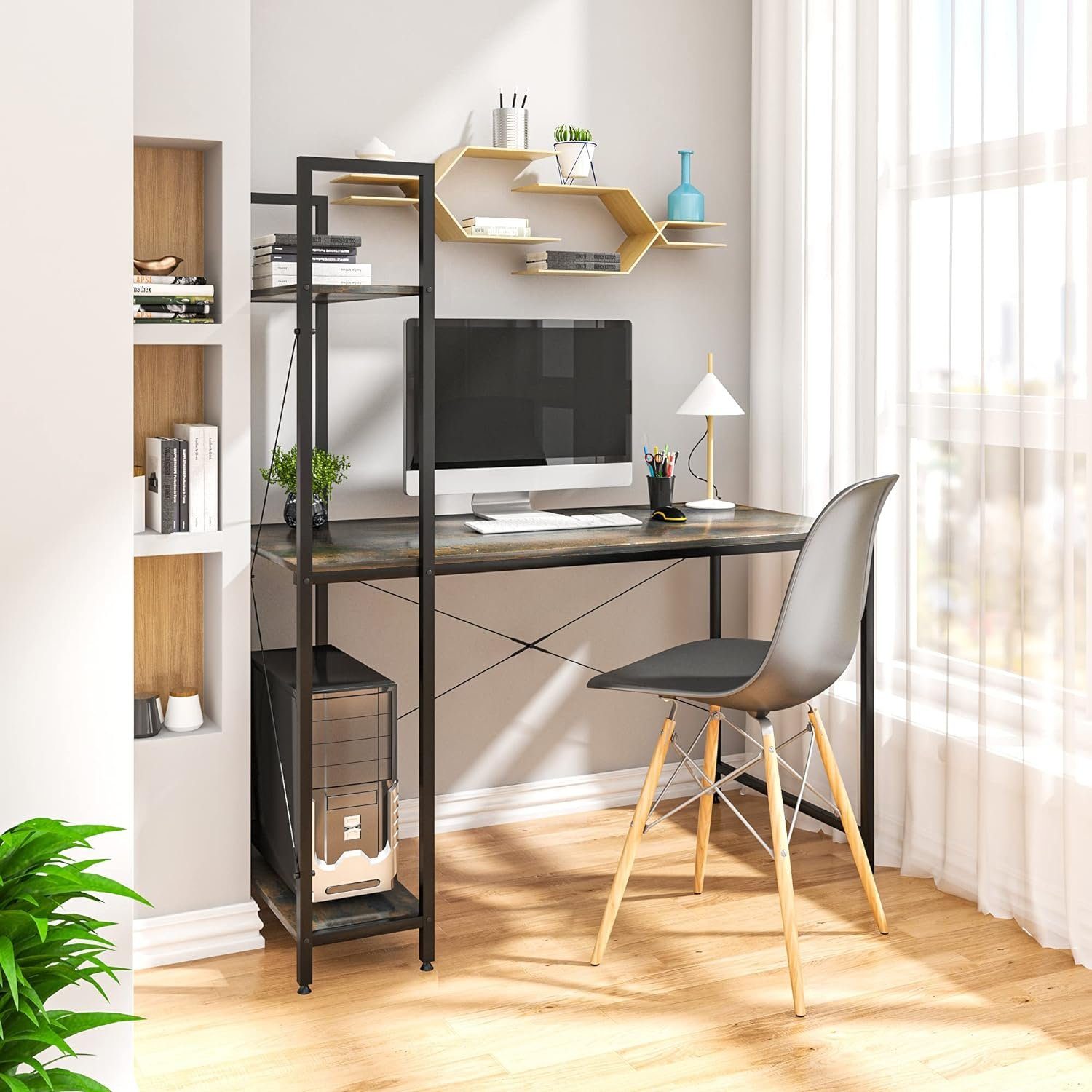 Woltu Schreibtisch (1-St), PC Tisch aus Holz und Stahl, mit Ablagen rostfarbe-schwarz | Schwarz