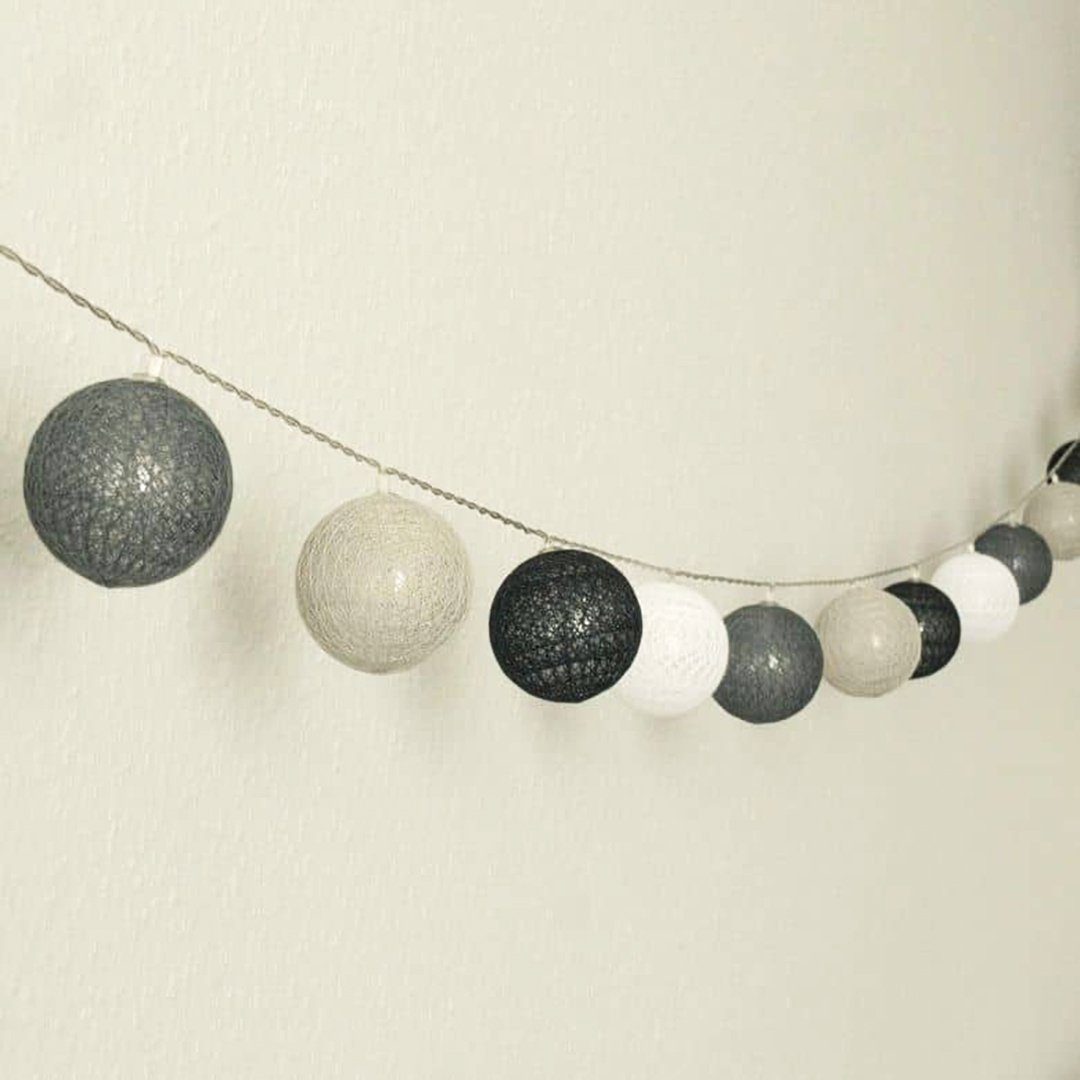 K&L Wall Art LED-Lichterkette Cotton Baumwolle, LED Deko Grau Ball Silber Kinderzimmer Schwarz Lichterkette 20 Kugeln aus 20-flammig, Weiß