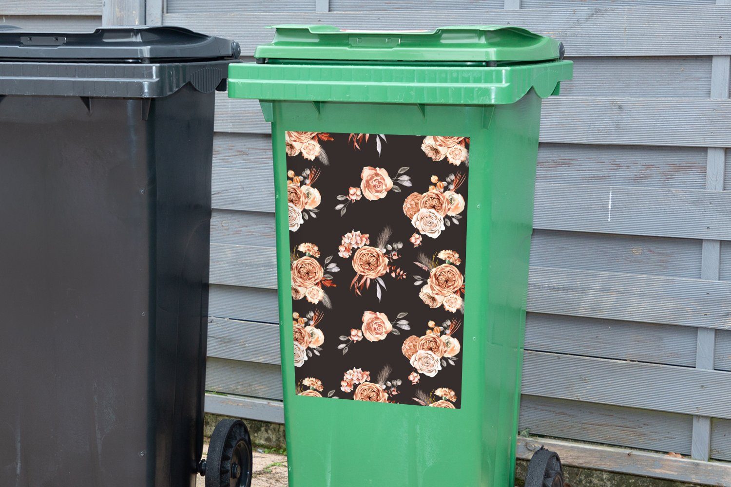 (1 Rosen - Blätter St), Schwarz Mülltonne, Container, Wandsticker MuchoWow Abfalbehälter - Sticker, Mülleimer-aufkleber,