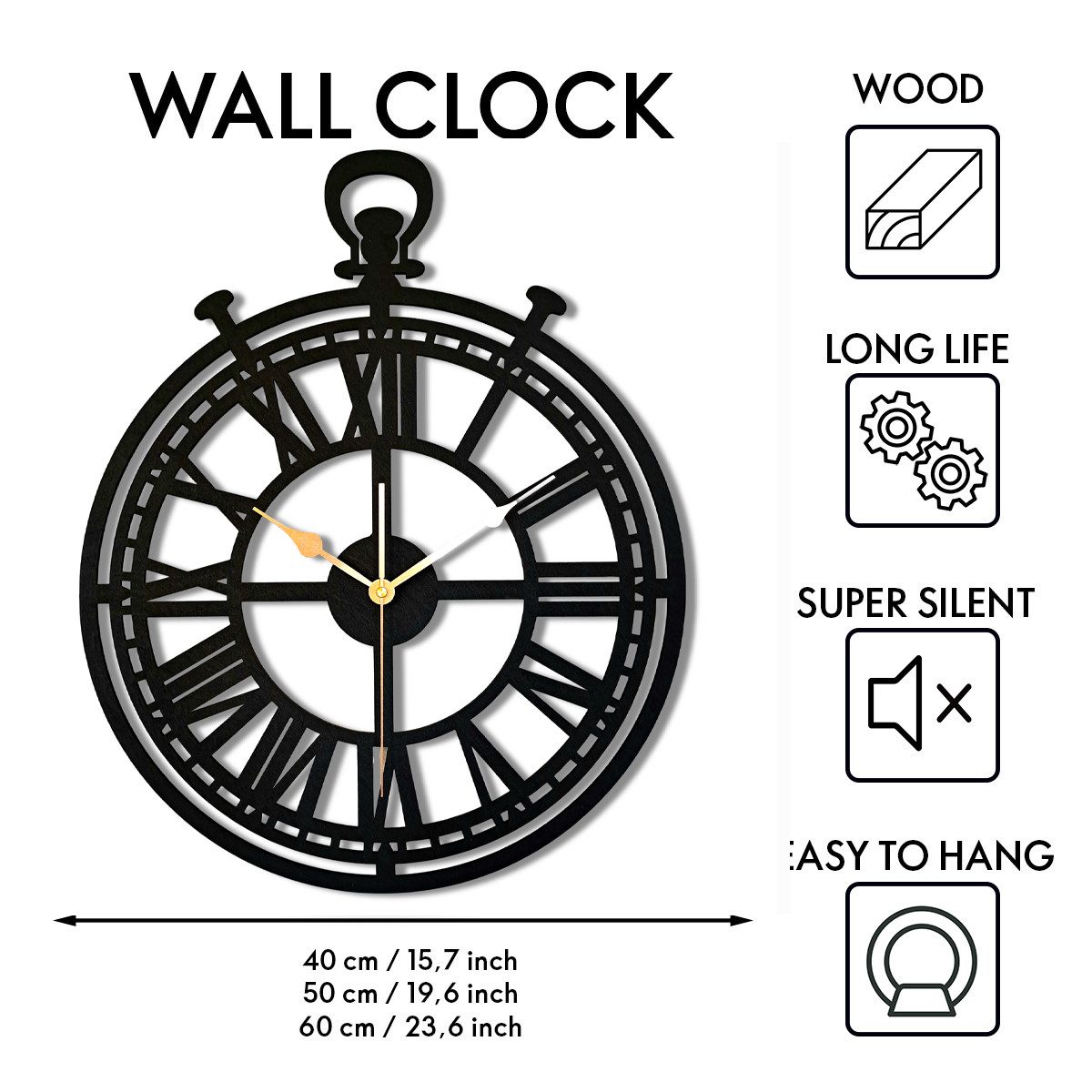 ORNAMENTI Wanduhr Grosse, vintage, hingucker Wanduhr, Holz, römisch, römische Ziffern (ohne Ticken, Wanddeko, Holzdeko, 3 Größen 40, 50, 60 cm)