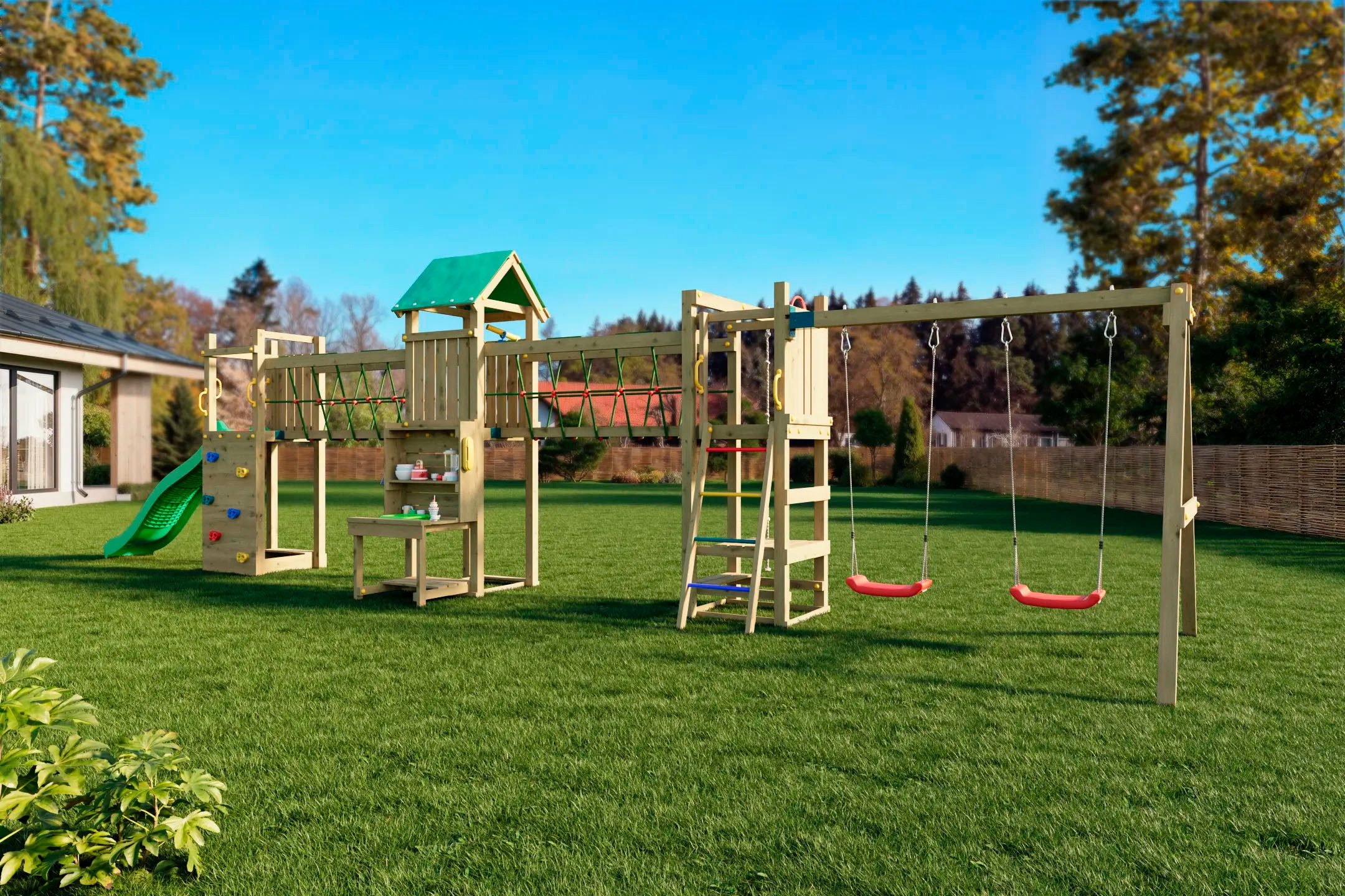 FUNGOO Spielturm Maxi Funny Space Longer, mit Rutsche, Doppelschaukel, Kletterwand, Picknicktisch; Made in Europe