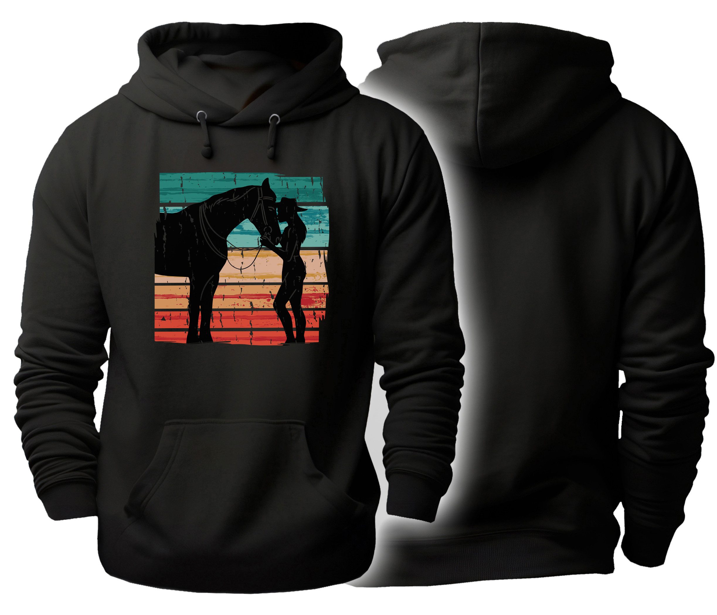 MyDesign24 Hoodie Pferde Kapuzen Pulli - Pferd und Frau mit Cowboyhut Herren und Damen Kapuzensweater i135