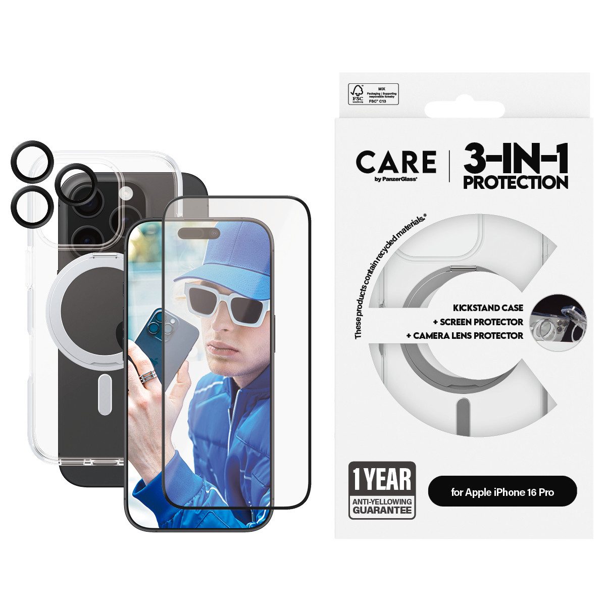 CARE by PanzerGlass Displayschutzglas 3-in-1 Protection, Ceramic Glass, Kickstand Case, Lens Cover für Apple iPhone 16 Pro, Displayschutzfolie, Schutzfolie, Bildschirmschutz, kratz- & stoßfest