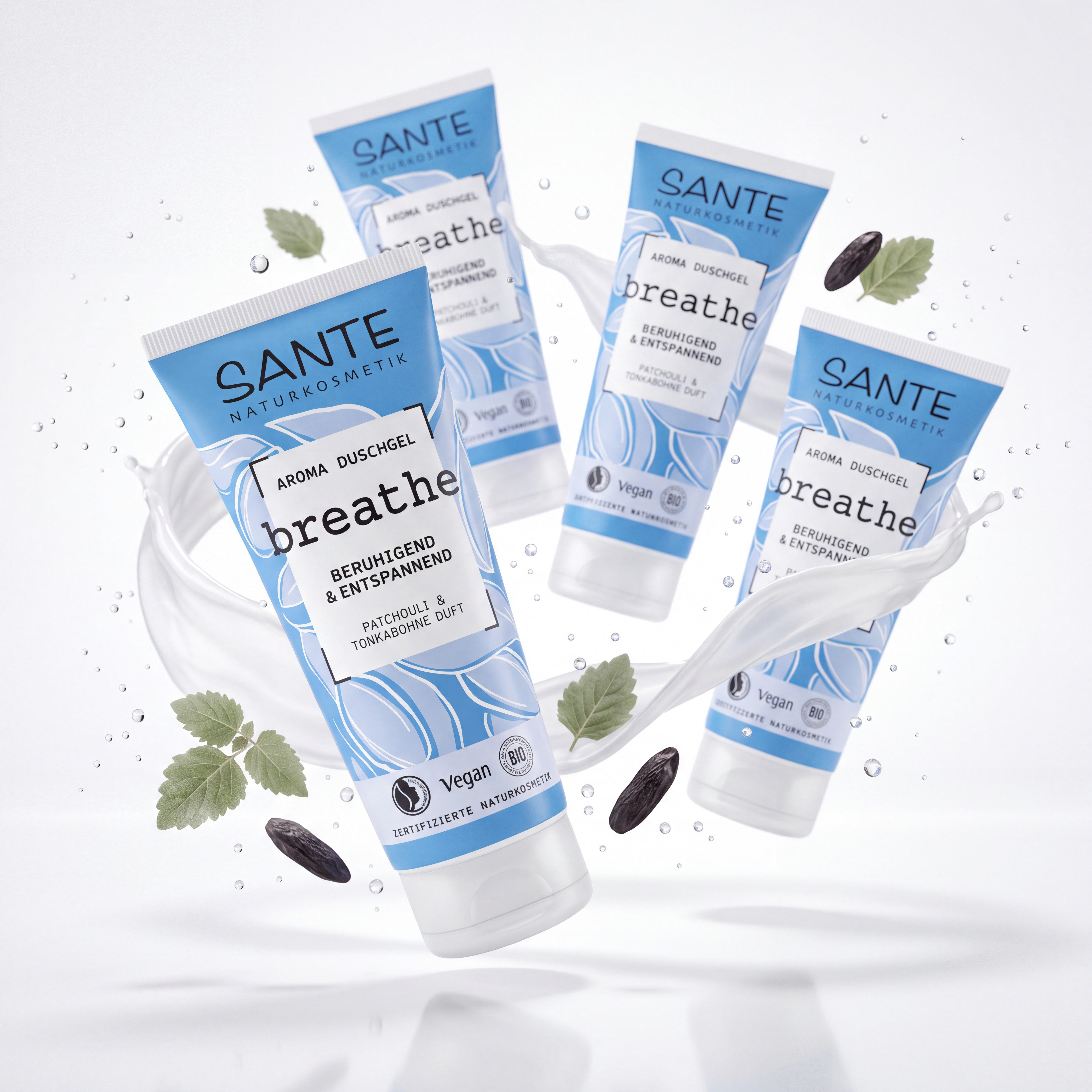 SANTE Duschgel Breathe Patchouli & Tonkabohne, 4-tlg., für alle Hauttypen, vegan, ohne Zusatz von synthetischen Duftstoffen