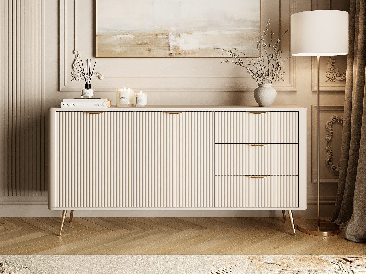 GrainGold Kommode Latina (Set, Kommode, Metallfüße), Breite 163 cm, Metallbeine, Modern Stil, Laminierte Platte