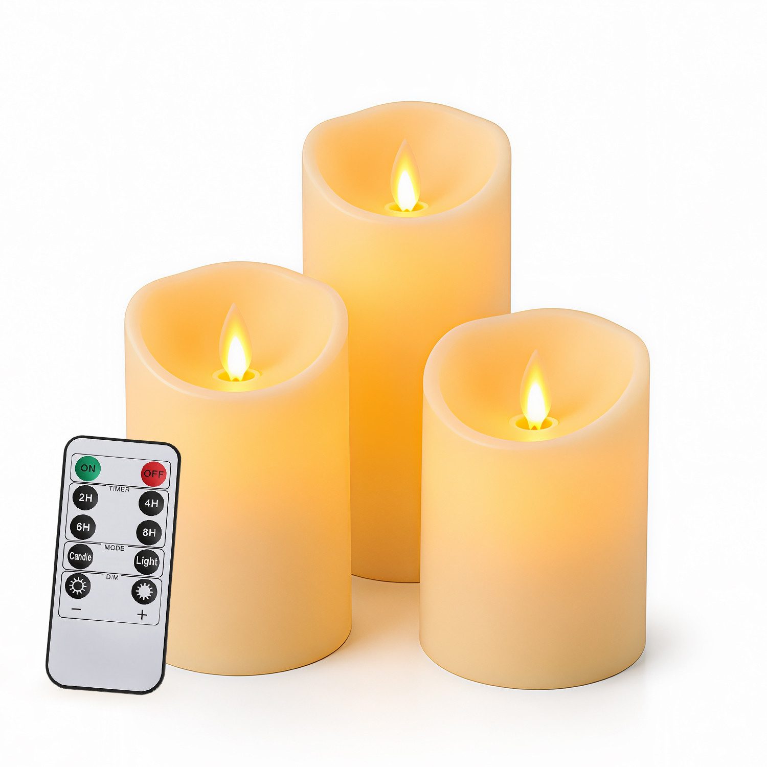 Clanmacy LED-Kerze 3X Set Echtwachskerze Timerfunktion Fernbedienung LED Kerzen Dimmbar, Warmweiß, Ø 7,5 cm × H 10 / 12,5 / 15 cm