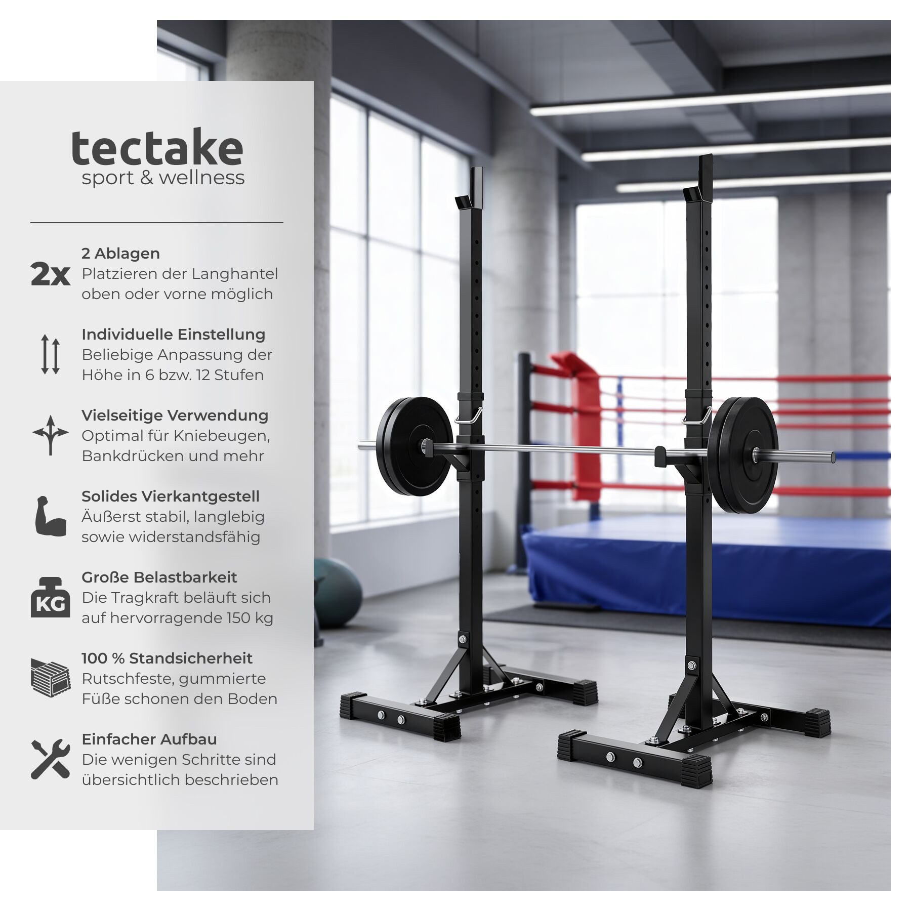 tectake Hantelbank Fitnessbank, multifunktional, seitliche Ablage 6-fach, (Trainingsbank, in schwarz), Bodenschonende Kunststoffkappen, obere Ablage 12-fach höhenverstellbar