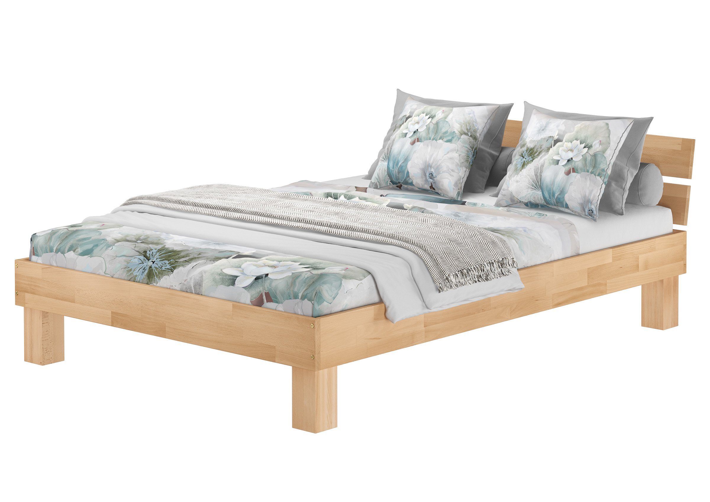 ERST-HOLZ Bettgestell Schönes Doppelbett 140 x 220 cm in Überlänge Buche Massiv, Buche farblos lackiert