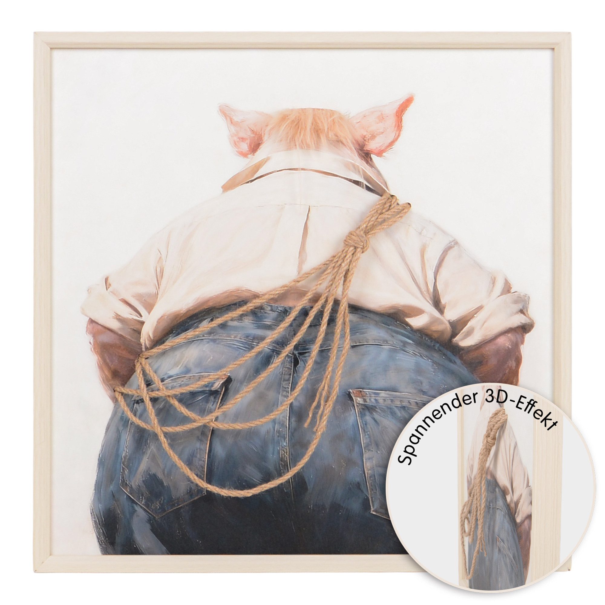 UNUS HOME Wanddekoobjekt Wandbild Schwein in Jeans (60x60cm), 3D Effekt, Schwein Wandbild, Tier Wanddeko, Wandbild Wolle, humorvoll