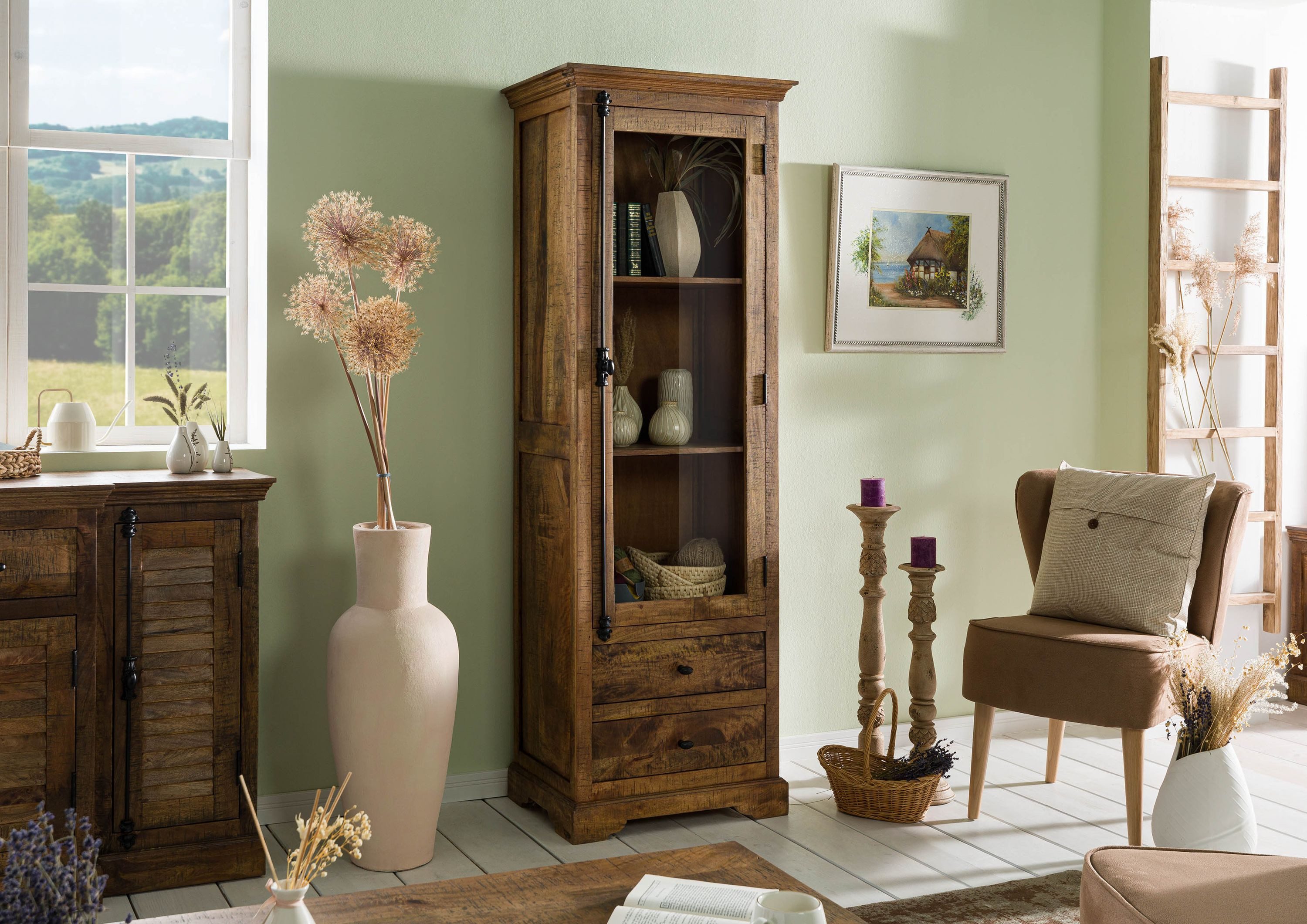 Massivmoebel24 Standvitrine RODEZ (Vitrine Mango 65x45x190 dunkelbraun geölt RODEZ #151) Vitrine Mango 65x45x190 dunkelbraun geölt RODEZ #151