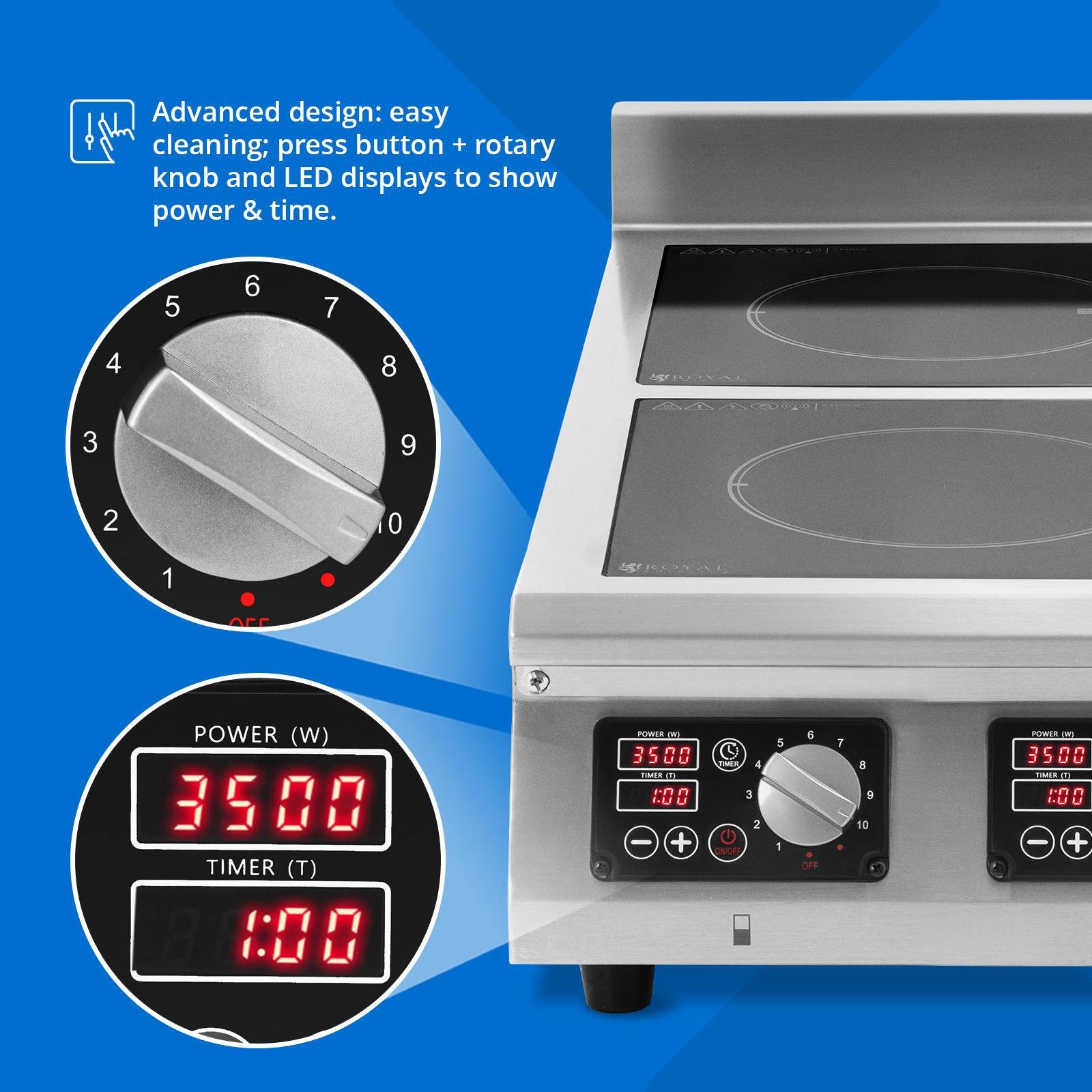 Royal Catering Induktions-Kochfeld RCIC-3002T, Doppelte Induktionsplatte 2 x 28 cm 10 Stufen 24h Timer 400V 2x 3500 W