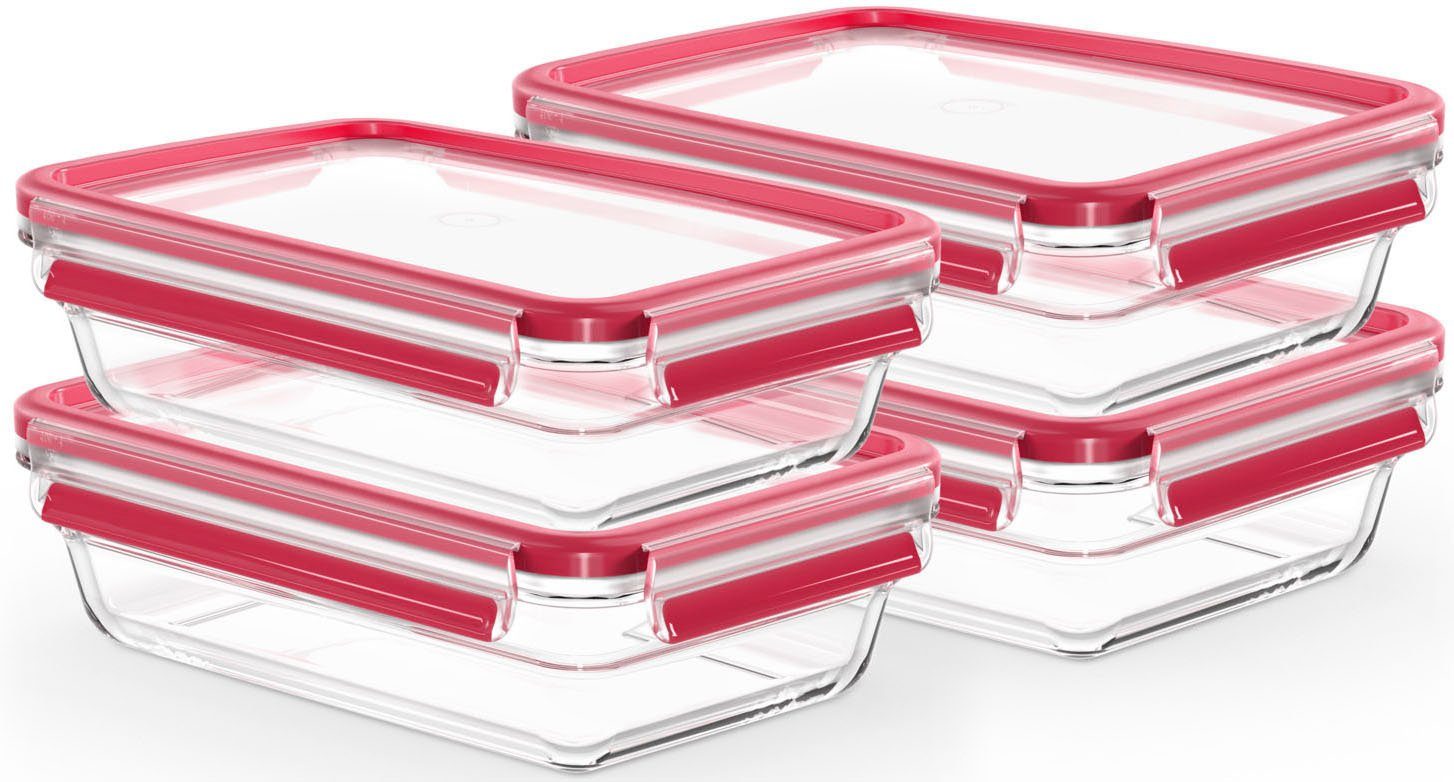 Emsa Frischhaltedose Clip & Close Glas Set, rechteckig, 100 % dichte Aufbewahrungsboxen, Glas, (Set, 4-tlg., 4 Dosen mit Deckel), spülmaschinen-, gefrier-, backofen-, mikrowellenfest