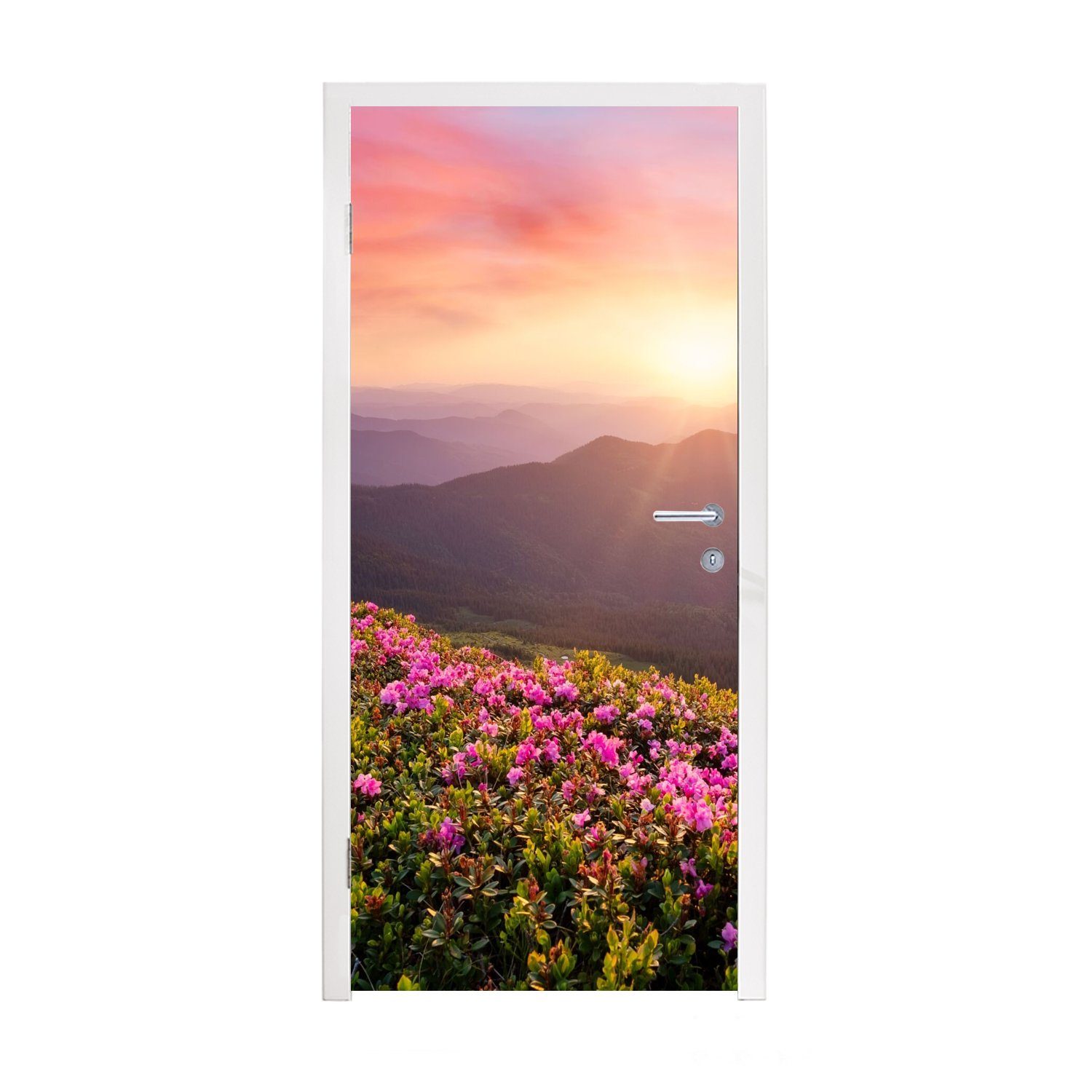 MuchoWow Türtapete Blumen - Berg - Sonnenuntergang - Landschaft, Matt, bedruckt, (1 St), Fototapete für Tür, Türaufkleber, 75x205 cm