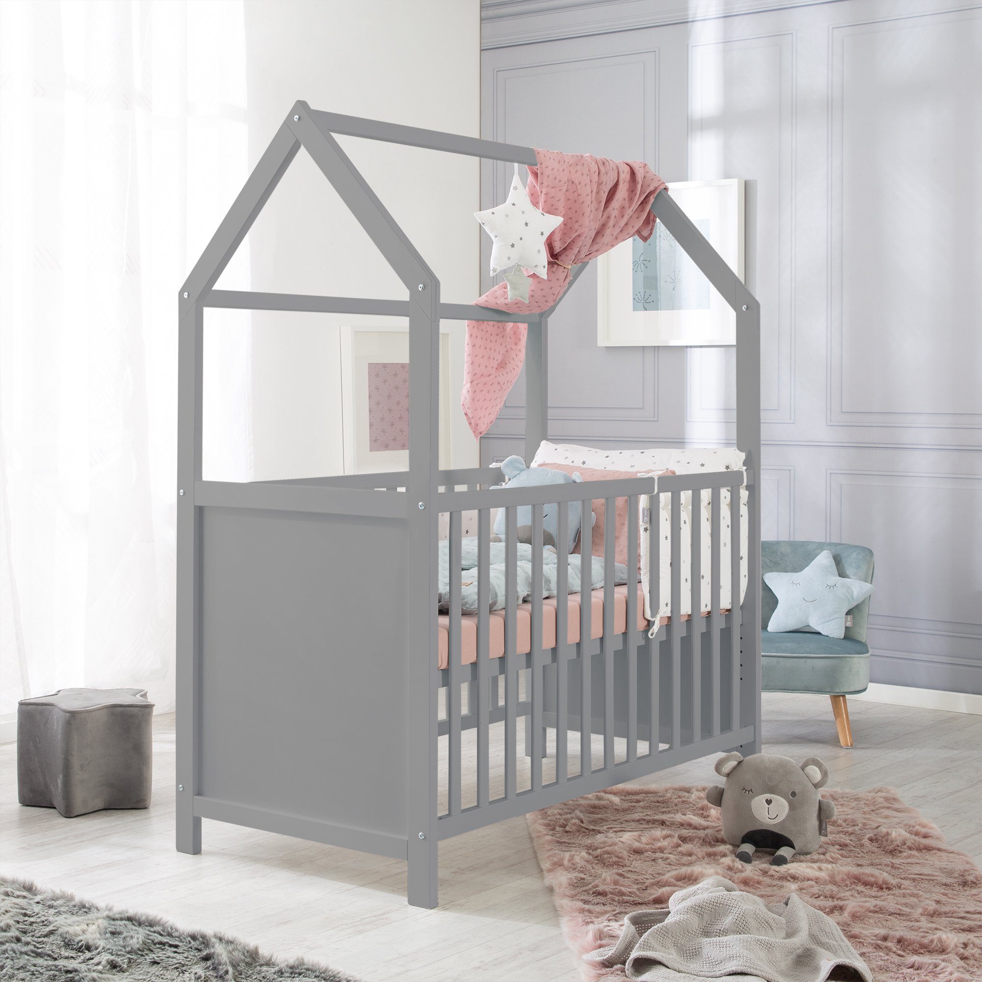 roba® Babybett Hausbett, Babybett & Beistellbett, Hausoptik, 6-fach höhenverstellbar, umbaubar