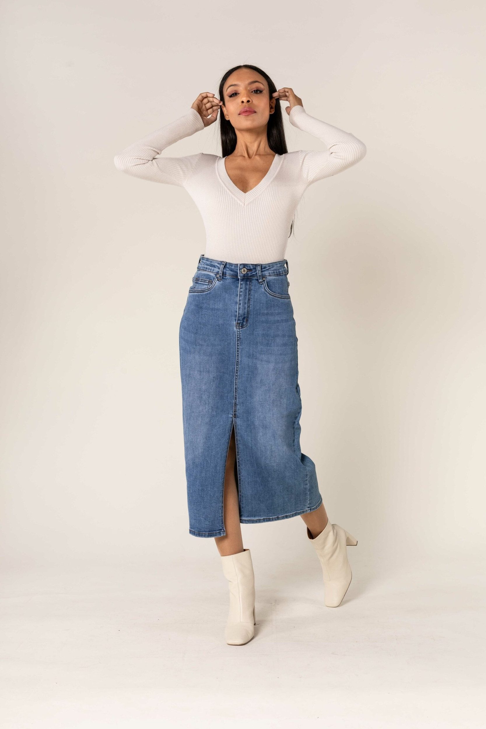 Nina Carter Sommerrock Langer Jeansrock mit Schlitz Stretch Denim Midi Rock 7554 in Blau