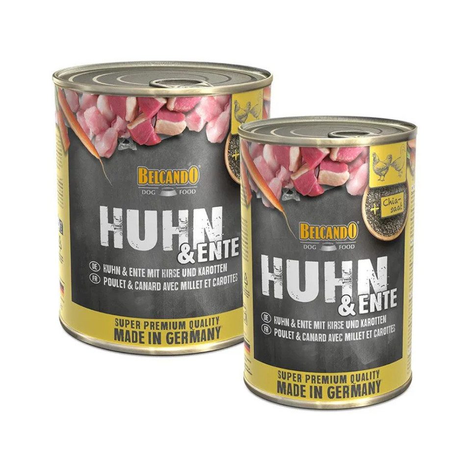 Belcando Huhn & Ente mit Hirse und Karotten - hochwertiges Nassfutter in Dosen 6x400g, Nassfutter für: Hunde