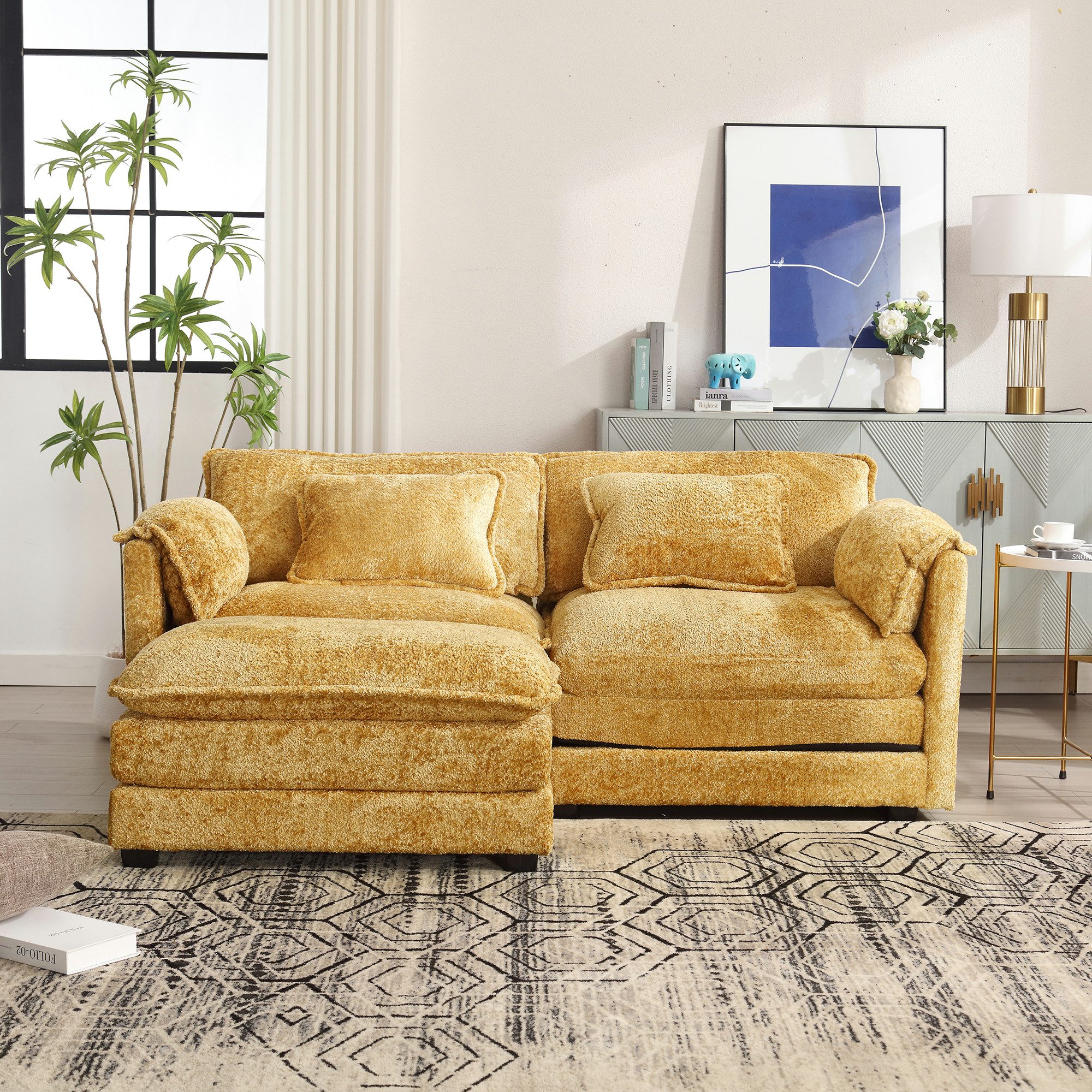 OKWISH Sofa Modernes 2-Sitzer-Loungesofa mit Chenille-Stoff & Fußstütze,Kin günstig online kaufen