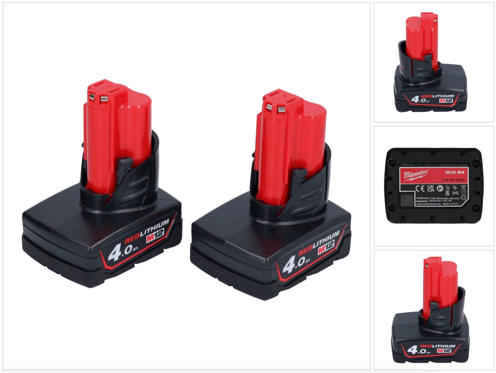 Milwaukee Akku Set 2x M12 B4 12 V 4,0 Ah / 4000 mAh Li-Ion Einschub Akku (2x 4 Akkupacks