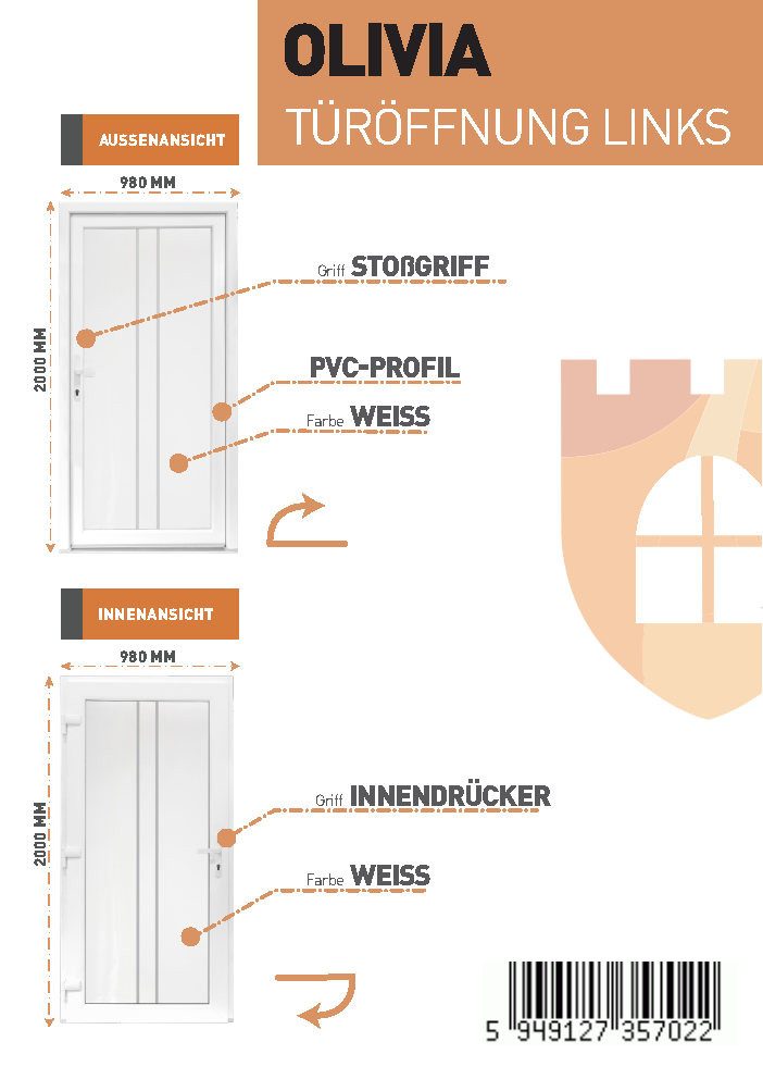 SN Deco Haustür Olivia mit Edelstahlstoßgriff/Türknopf, 980x2000 mm, Thermisch getrennte Alu-Bodenschwelle sowie Wetterschenkel