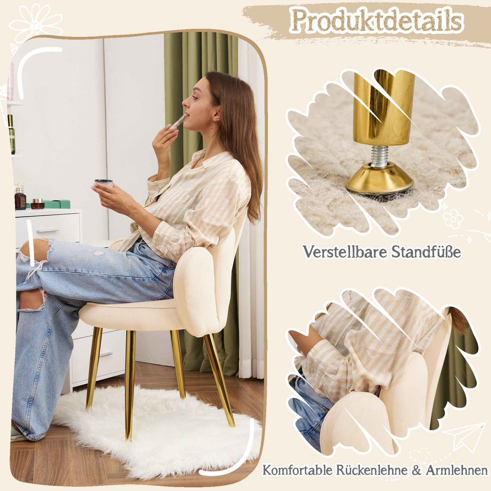 VINGLI Polsterstuhl mit Schleife Zierkissen, Schminktisch Stuhl, Monderne Esszimmerstuhl – Bild 4 von 5