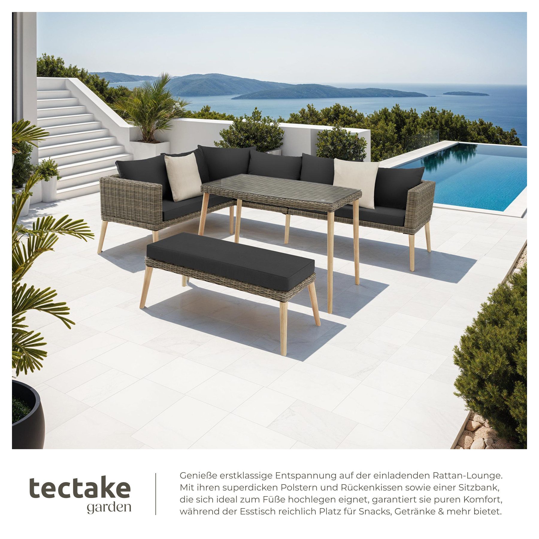 tectake Loungeset Rattan Lounge, (Set., 3-tlg), Stabiles Gestell aus leichtem und rostfreiem Aluminium