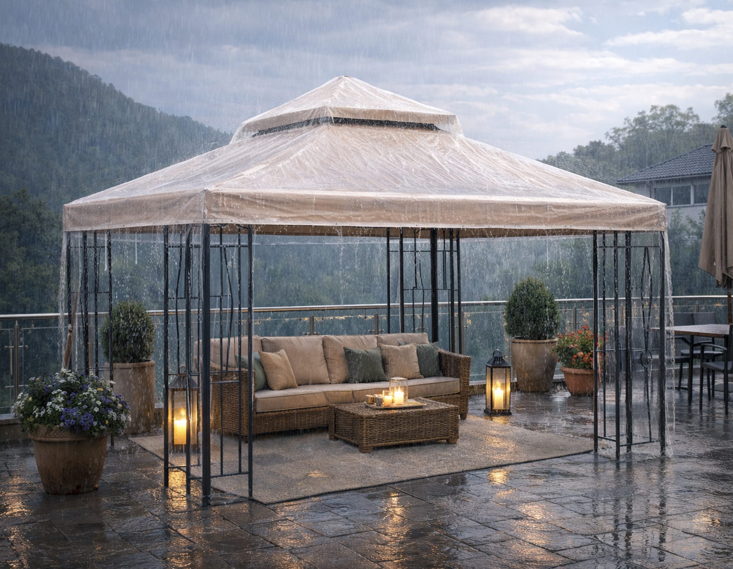 Quick Star Pavillon-Schutzhülle Pavillon Schutzhaube 3x3m Transparent Doppeldach (1-St), Umlaufender Gummizug und Befestigungsbänder in den Ecken – Bild 3 von 5