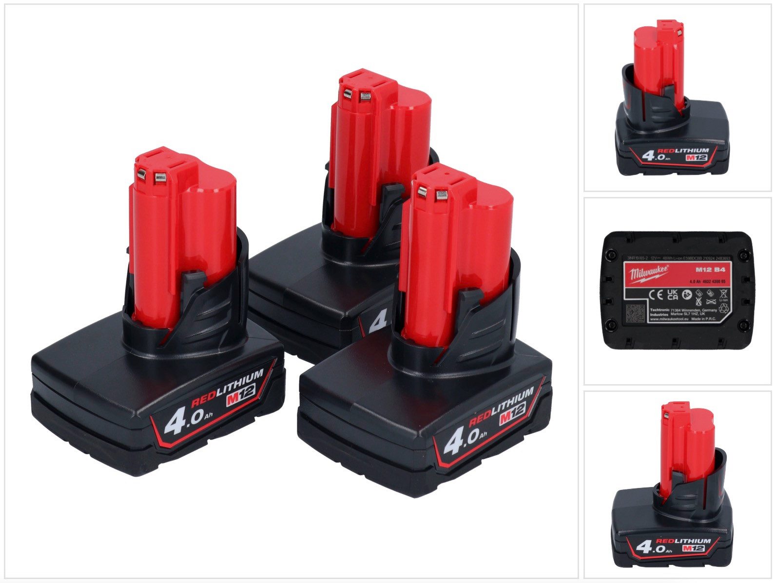 Milwaukee Akku Set 3x M12 B4 12 V 4,0 Ah / 4000 mAh Li-Ion Einschub Akku (3x 4 Akkupacks