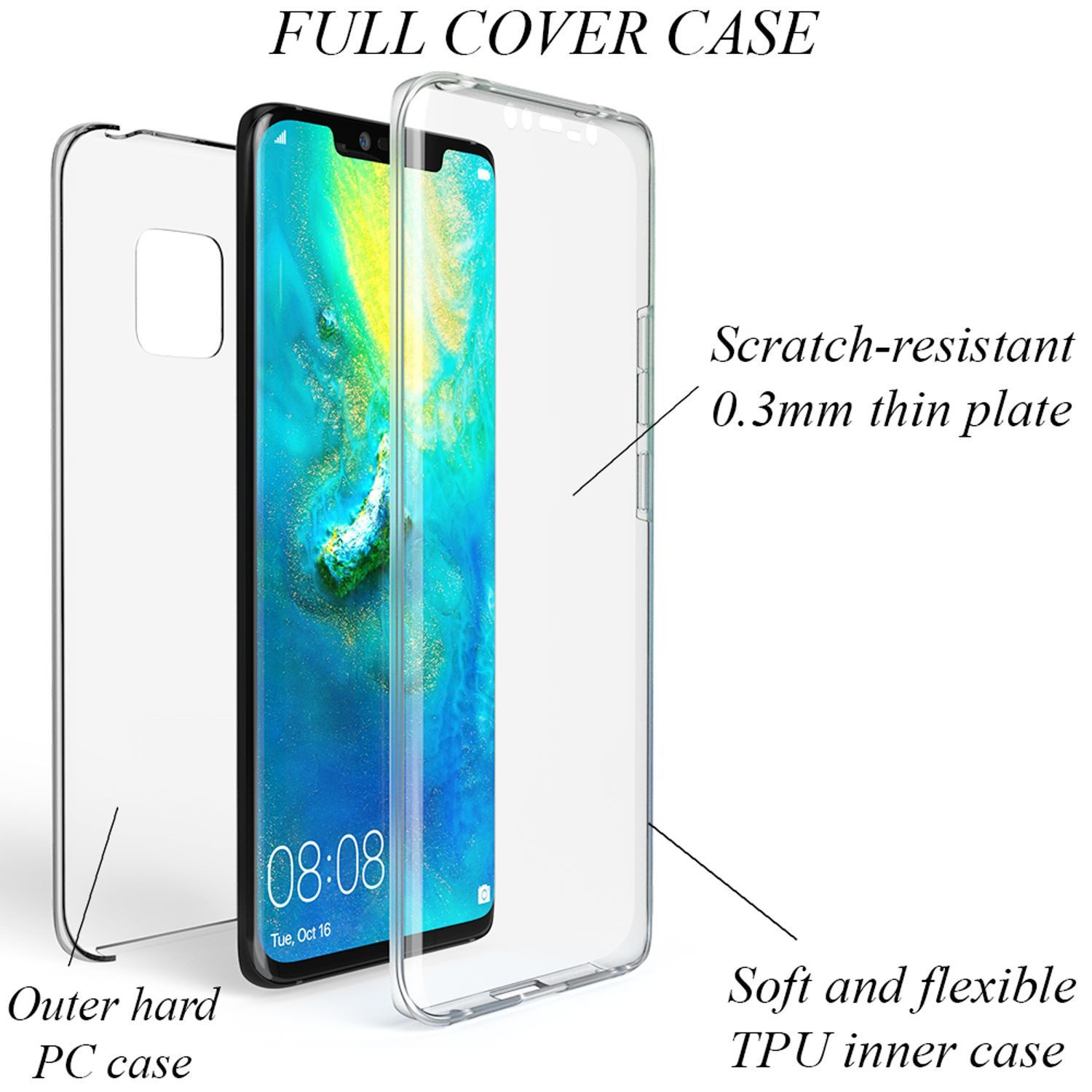Nalia Smartphone-Hülle Huawei Mate 20 Pro 16,3 cm (6,4 Zoll), Klare 360 Grad Hülle / Rundumschutz / Transparent / Displayschutz Case