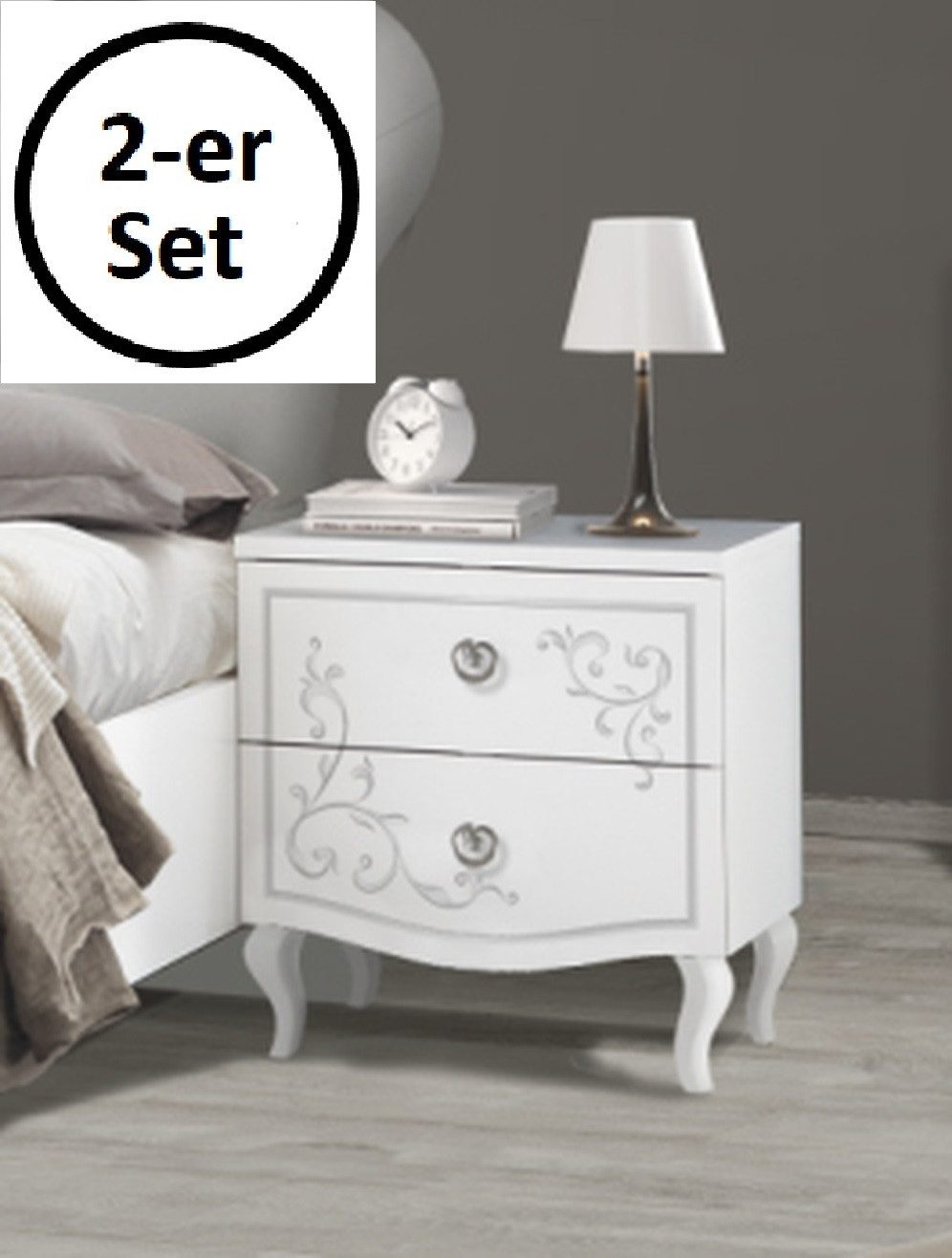 möbelando Nachtkommode Salvina (2er-Set) (BxHxT: 51x56x39 cm), in Weiss Melamin mit Siebdruck mit 2 Schubladen