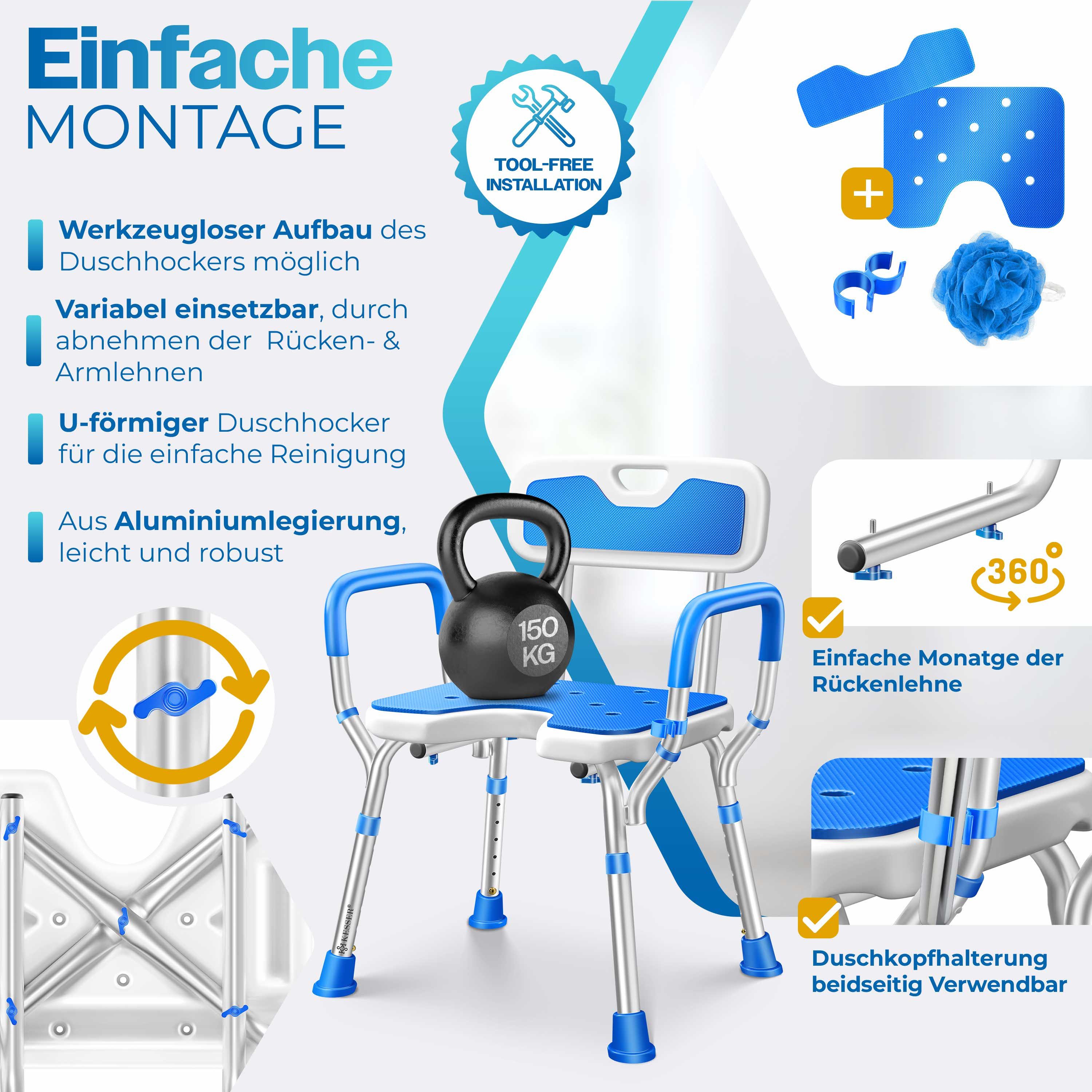 KESSER Badhocker Duschhocker mit Lehne höhenverstellbar in 6 Stufen 38-54cm (Duschstuhl mit Brausehalterung, Anti-Rutsch Füße & Matten), Duschsitz 150KG belastb – Bild 5 von 5