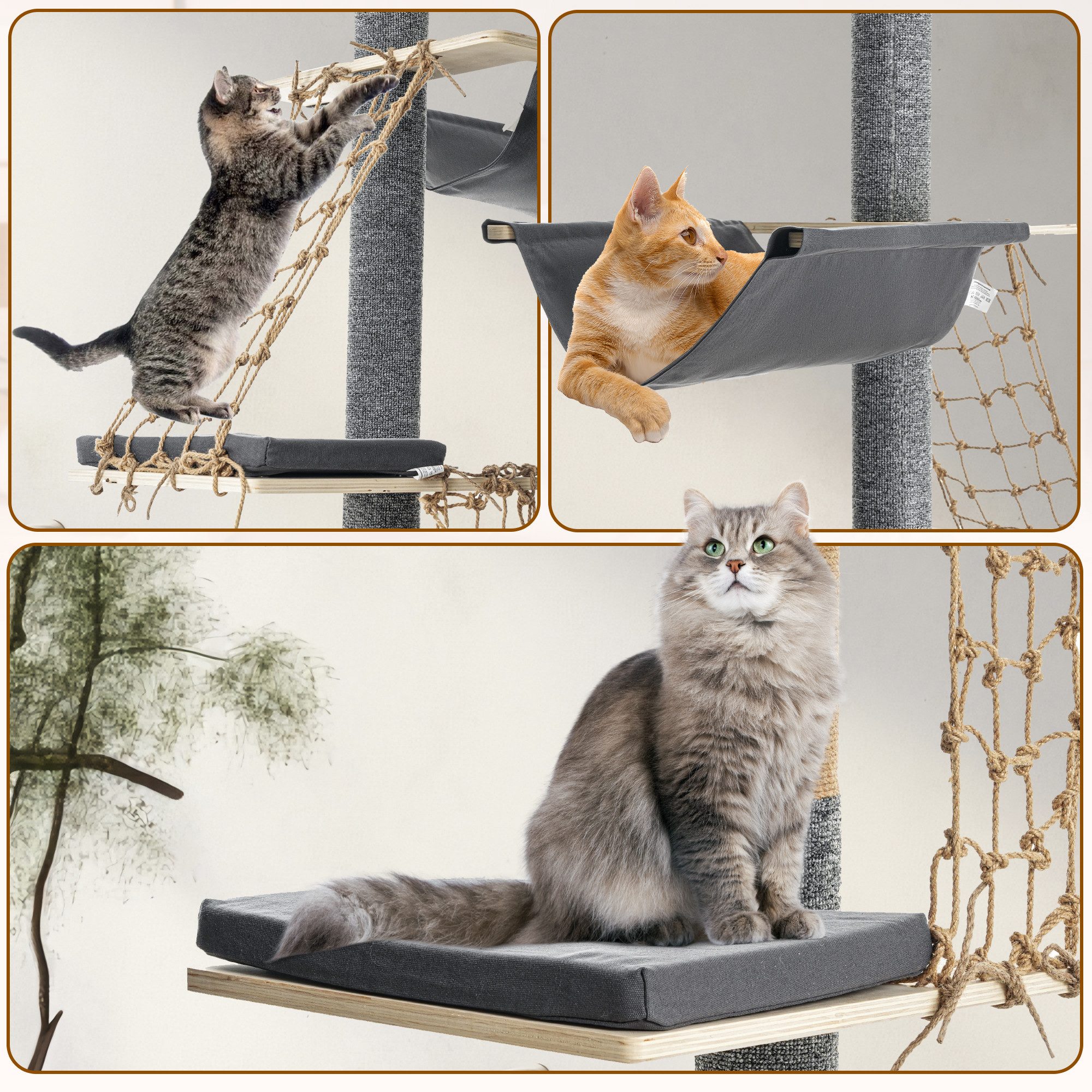 Kraus-Magazin Kratzbaum Indoor-Kletterturm deckenhoch, Höhenverstellbar 236 cm - 270 cm, mit Hängematte und Kletternetz