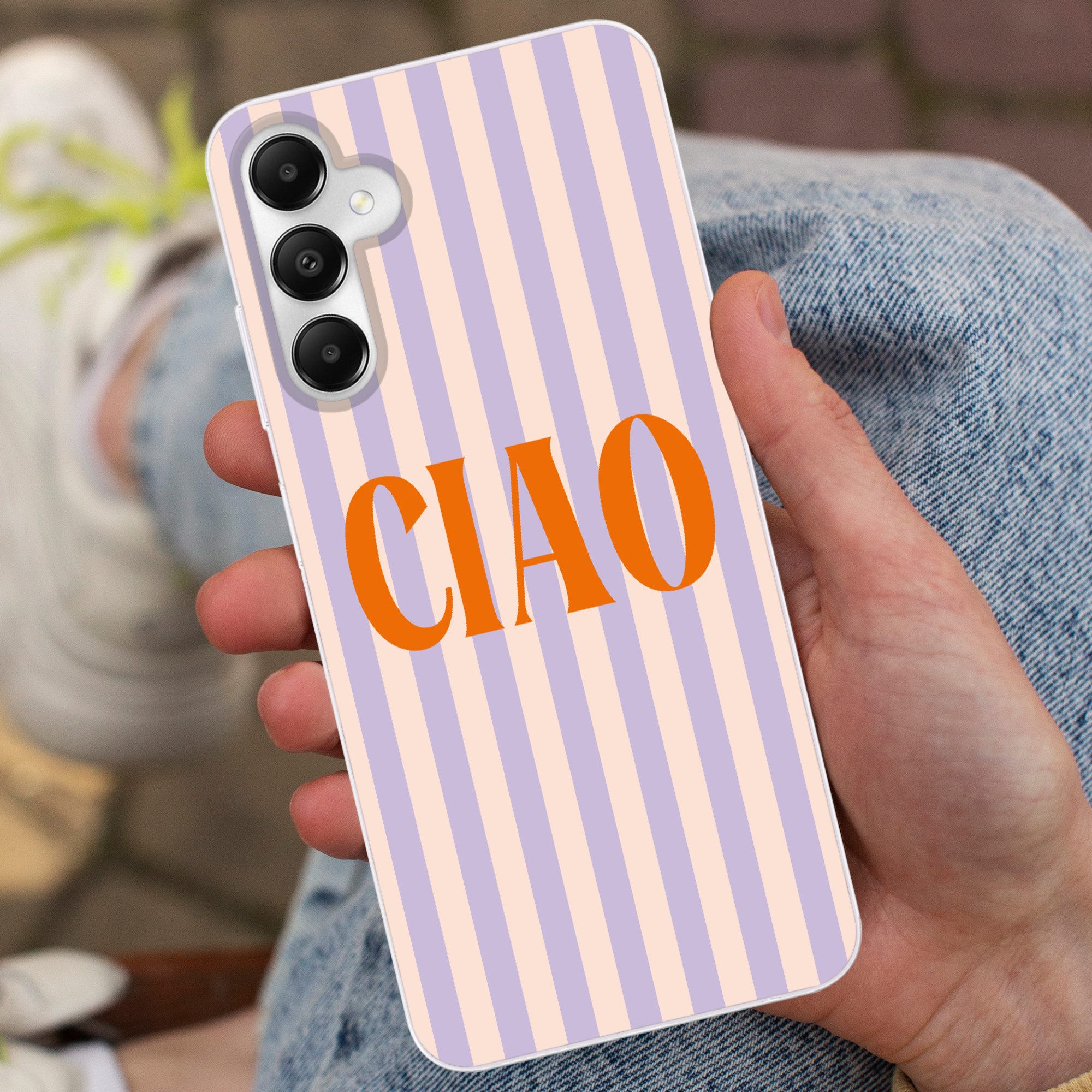 MuchoWow Handyhülle für Samsung Galaxy A05s Ciao - Zitat - Pastell - Streifen, Smartphone-Bumper, Print, Handy Schutzhülle Dünn