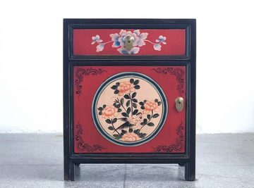 OPIUM OUTLET Nachtkommode Kommode Nachtschrank Nachtkästchen orientalisch asiatisch chinesisch, Vintage-Stil, Schrank klein, rot-schwarz, komplett montiert, Nachttisch