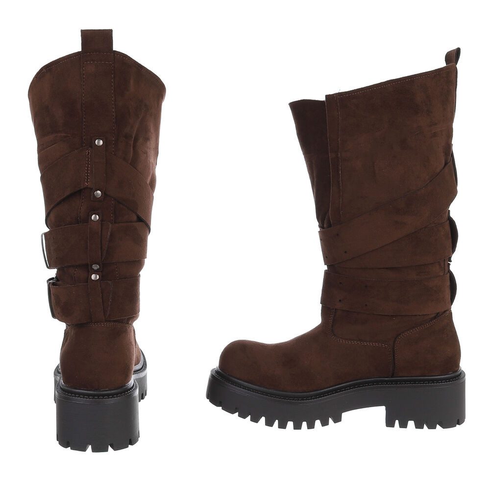 Ital-Design Damen Bikerstiefel mit Plateausohle und Schnallen Plateaustiefel (92299723) Blockabsatz Stiefel in Braun – Bild 5 von 5