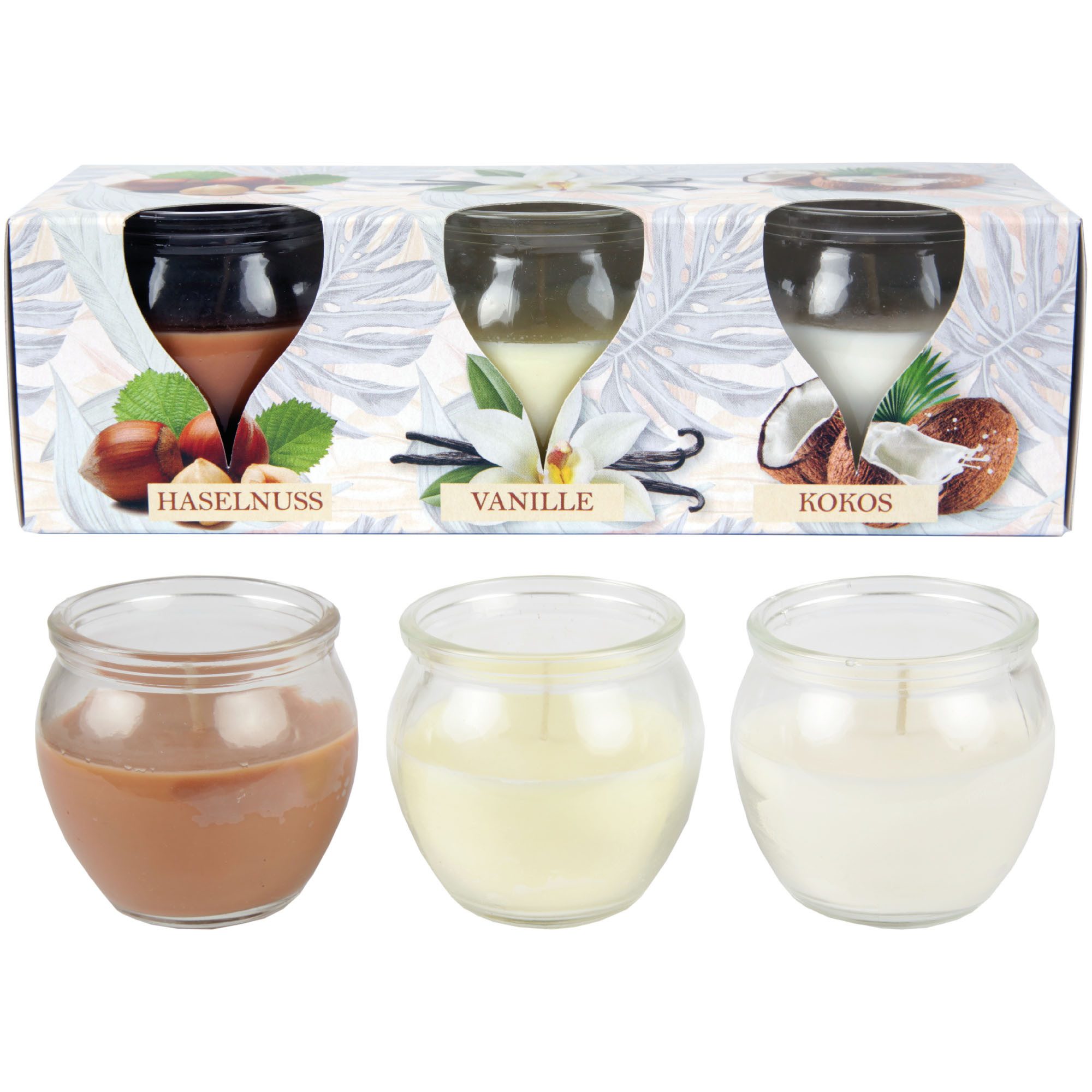 HS Candle Duftkerze im Glas Mix-Set (3-tlg), Relax, Duftnote süß-exotisch, Ø6x6cm, 18h, für gemütliche Momente