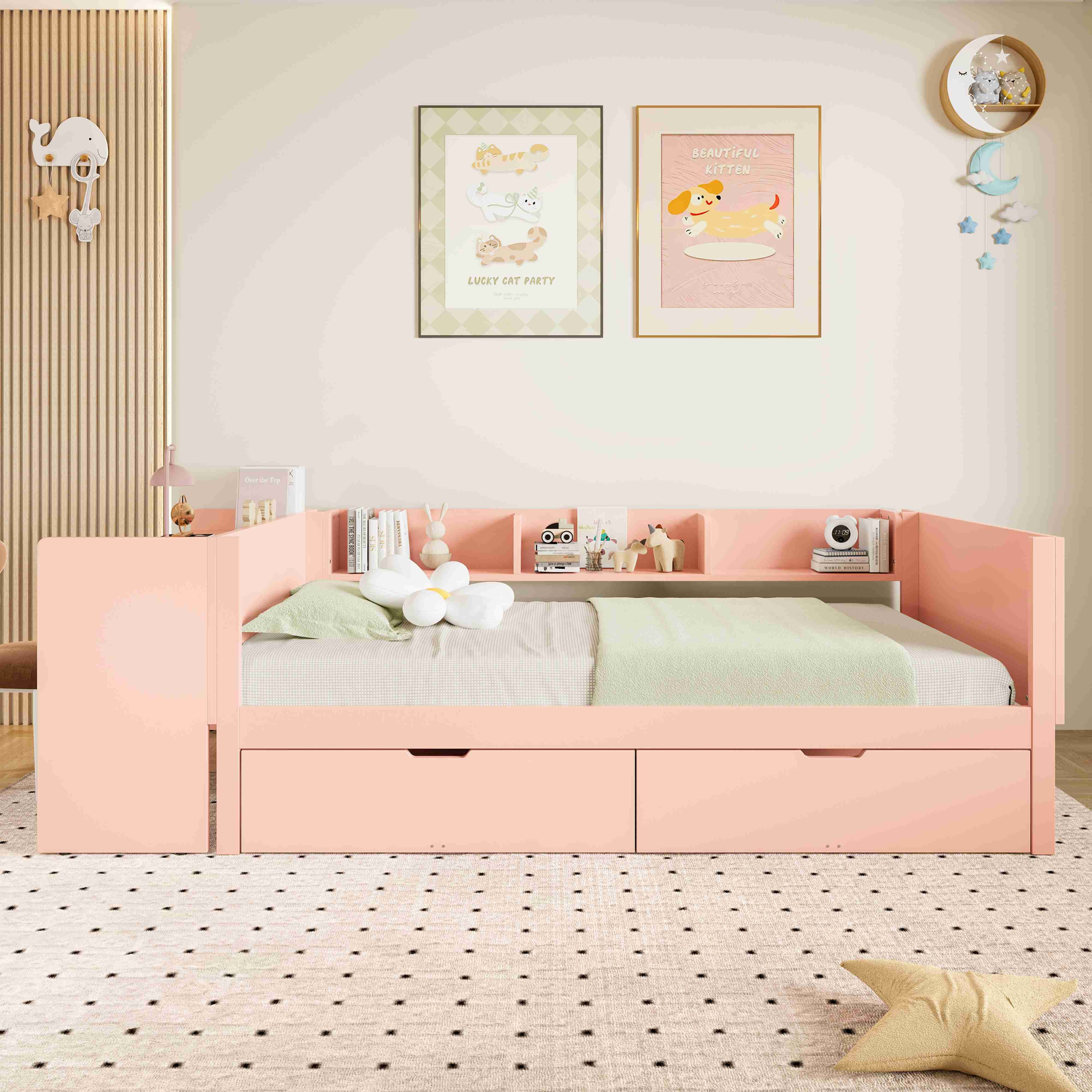 BlingBin Holzbett Kinderbett Multifunktionales Bett (1-tlg., mit Schreibtisch, 2 Schubladen und 3 Bücherregal, Ohne Matratze), Rosa,Kiefernholz+Spanplatte, 90x200cm, für Kinder und Jugendliche