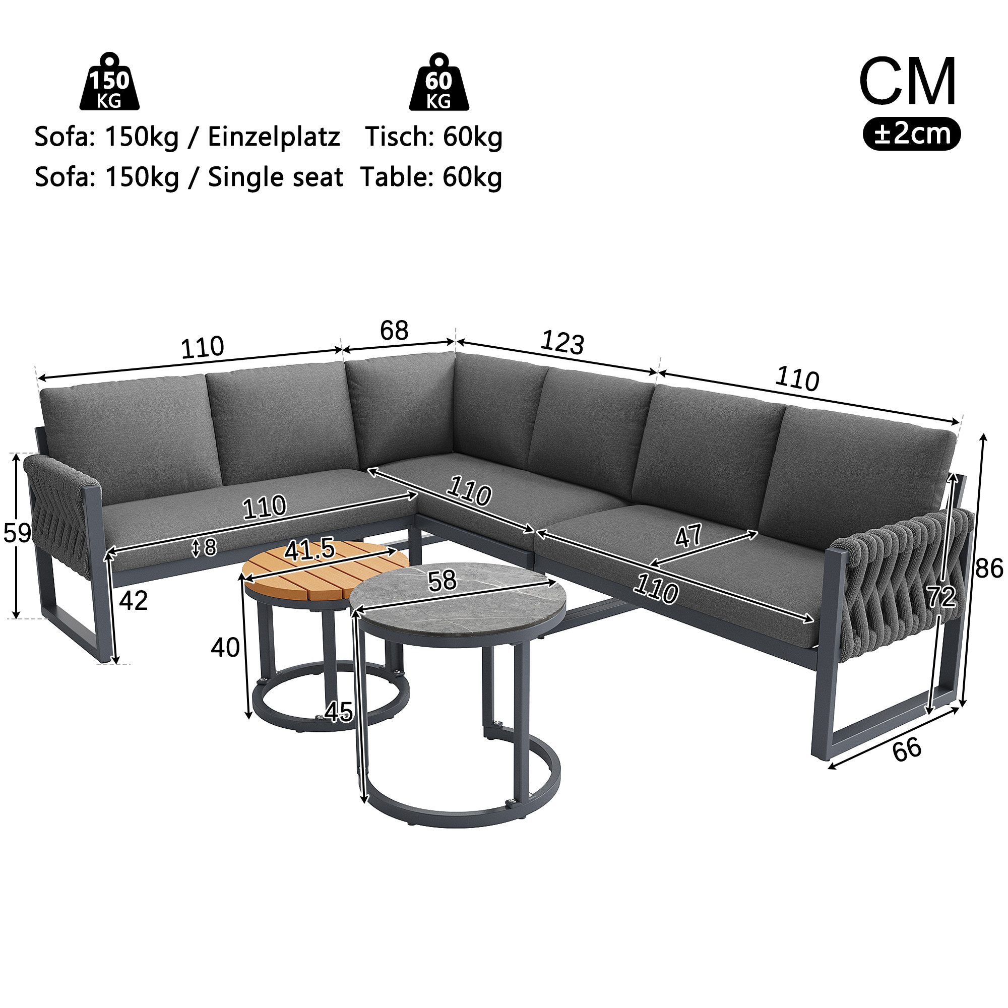 Celya Gartenlounge-Set Gartenmöbel Set mit Esstisch, für Balkon Garten Terrasse, (mit verstellbare Beine, wasserabweisenden, Gartenlounge Set für 5-6 Personen, mit abnehmbaren Kissen), inklusive aller Sitz- und Rückenkissen, grau