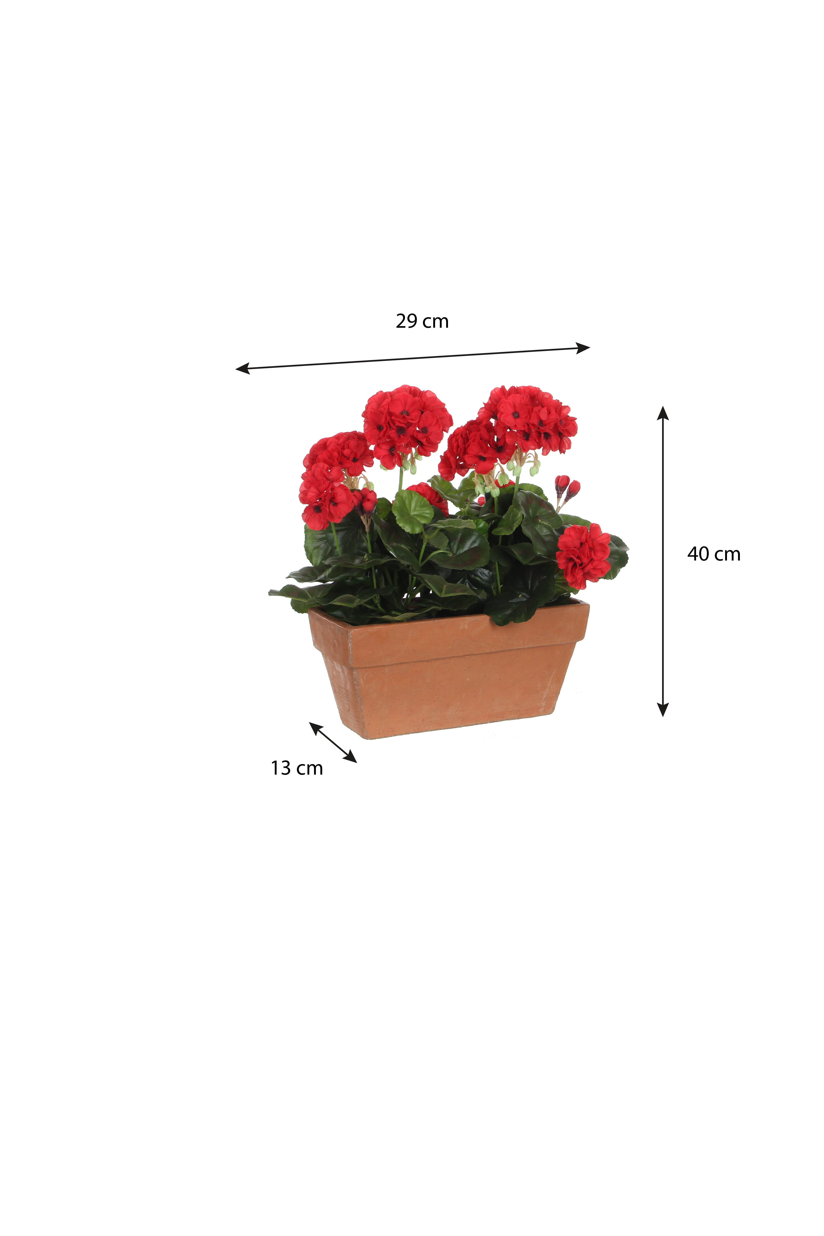 Kunstpflanze Mica Decorations Geranium rot in Balkonkaste terra - l29xb13xh40cm, Mica Decorations, Höhe 40 cm