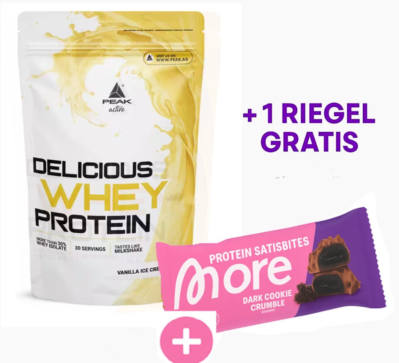 PEAK Delicious Whey 900 g Protein Eiweiß + 1 MORE NUTRITION RIEGEL GRATIS Pulver, 1 er Packung à 900 g, hoher Proteingehalt