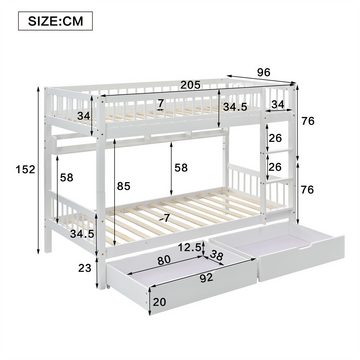 PHOEBE CAT Etagenbett, Kinderbett mit Leiter, Regale und 2 Schubladen, umwandelbar, 90x200cm