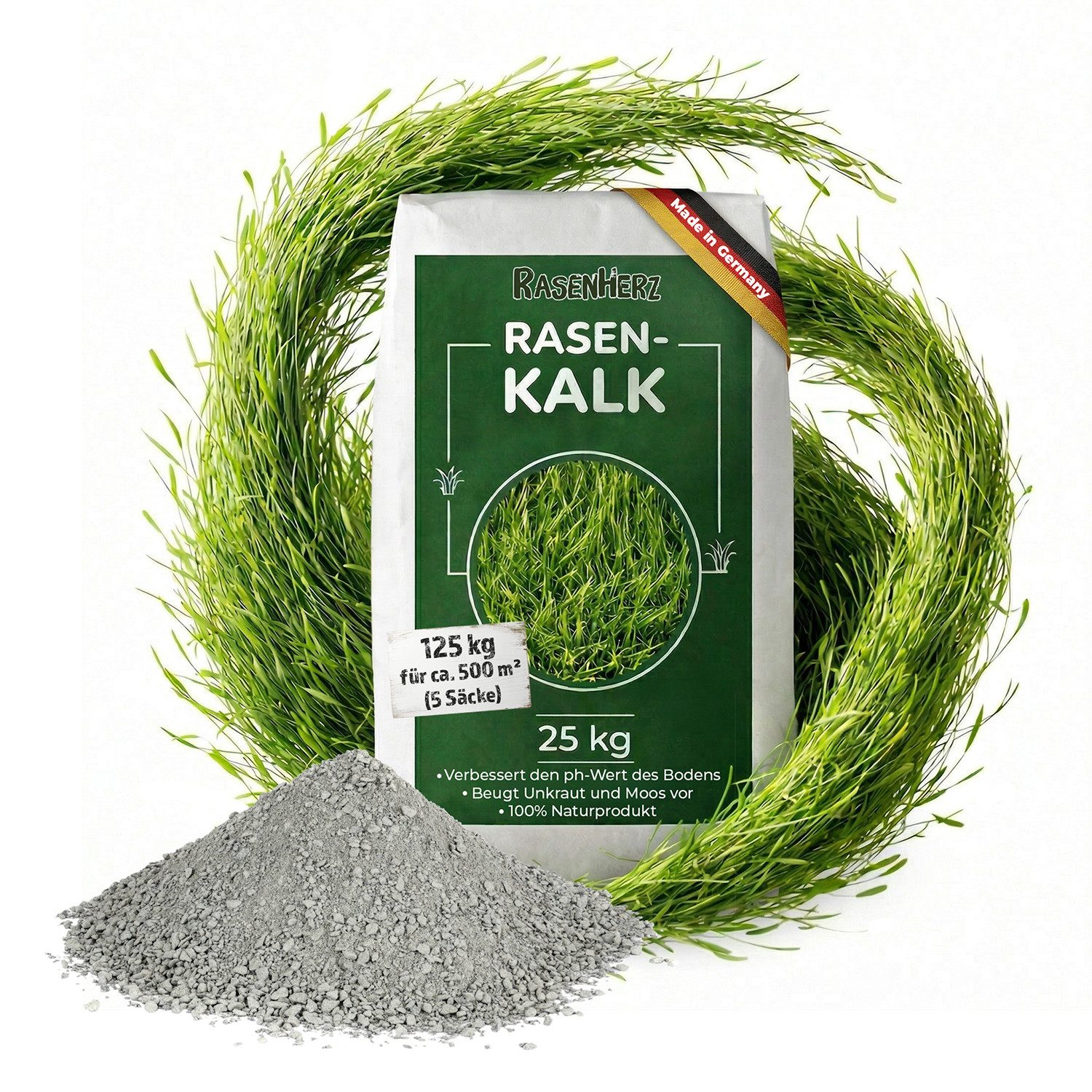 Petigi Rasenkalk RasenHerz für einen dichten grünen Rasen Rasenpflege 25kg-125kg, 5x 25 kg Sack
