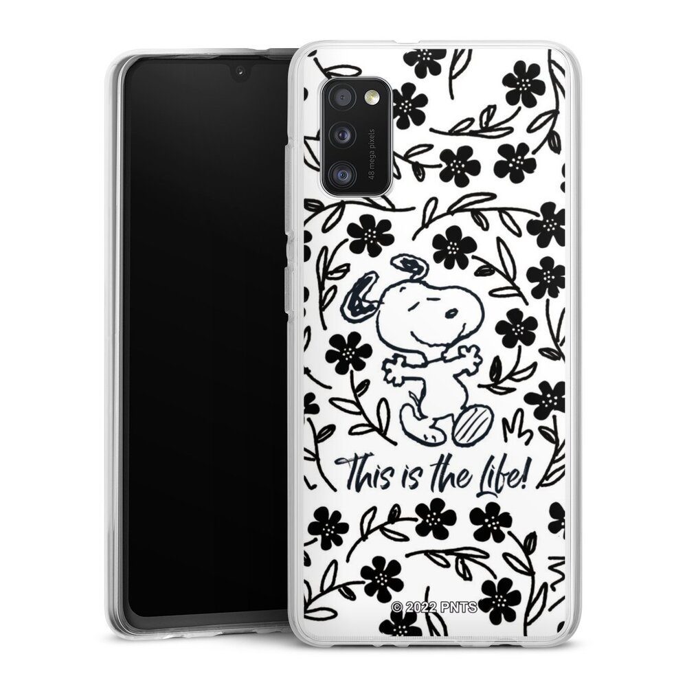DeinDesign Handyhülle Peanuts Blumen Snoopy Snoopy Black and White This Is The Life, Samsung Galaxy A41 Silikon Hülle Bumper Case Handy Schutzhülle