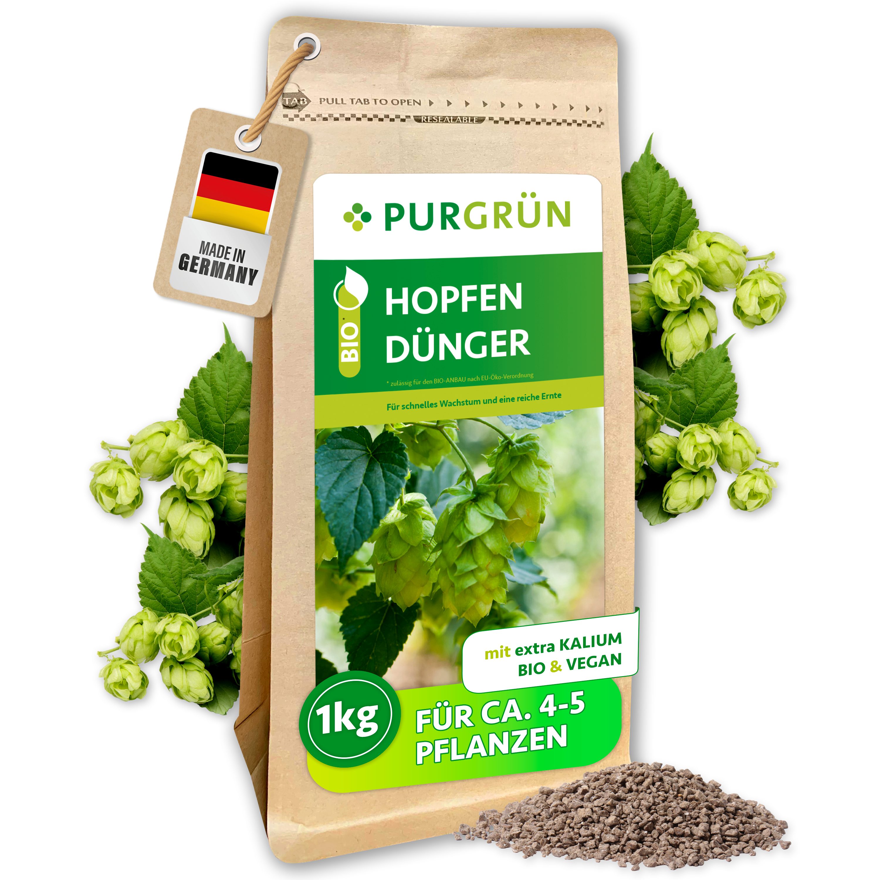 Purgrün Pflanzendünger Bio Hopfen Dünger, NPK 6+2+7, Magnesium, Kalium, Vegan, 1 kg, Granulat, 1-St., 1 kg