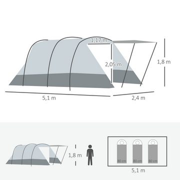 Outsunny Tunnelzelt Gruppenzelt mit Schlafkabine, Wohnzimmer, Personen: 8 (Campingzelt, 1 tlg., Familienzelt), für Garten, Balkon, Grau