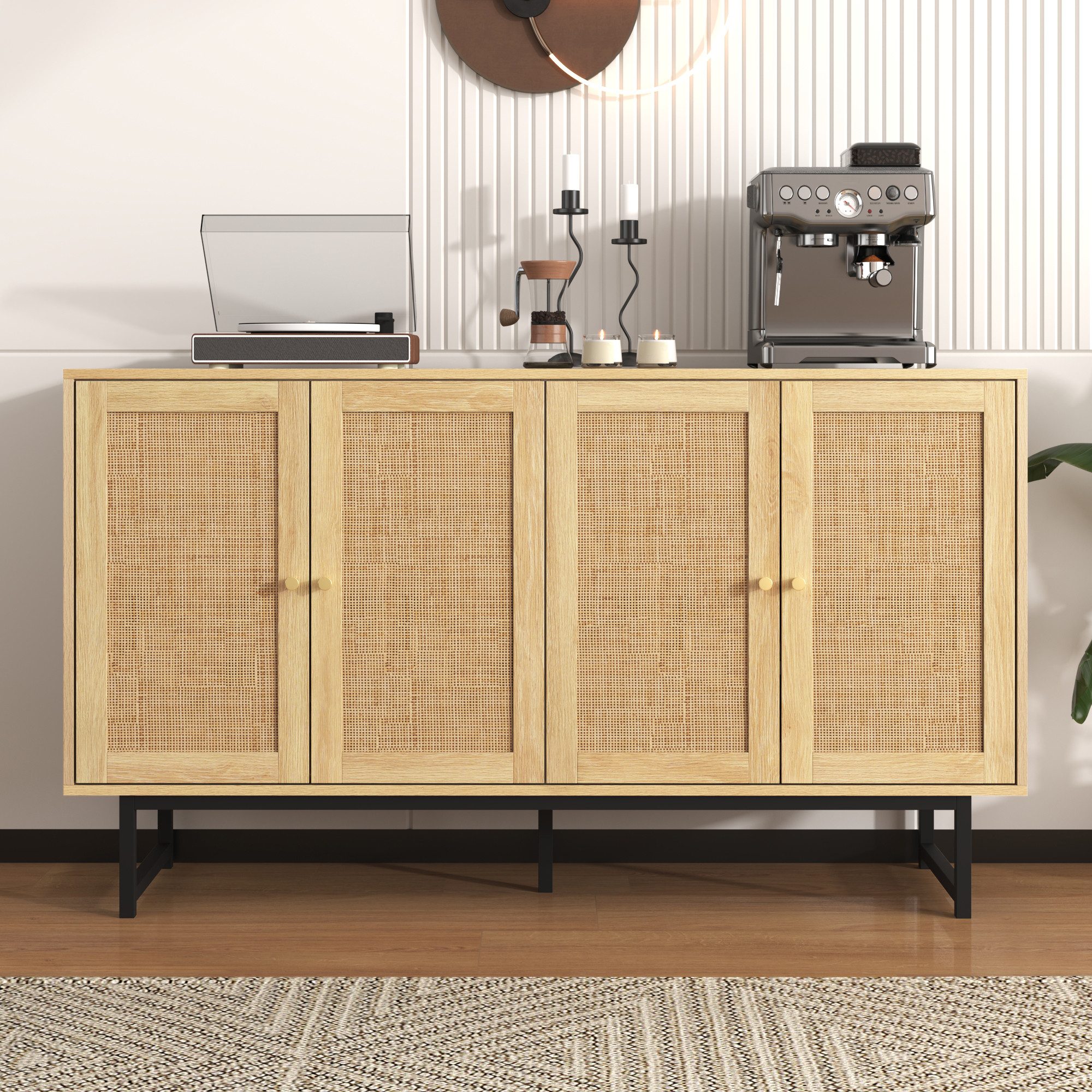 Simurq Sideboard Esszimmerschrank mit Echtem Rattangeflecht, 4 Türen (1 St), Kommode für Wohnzimmer, Esszimmer und Flur