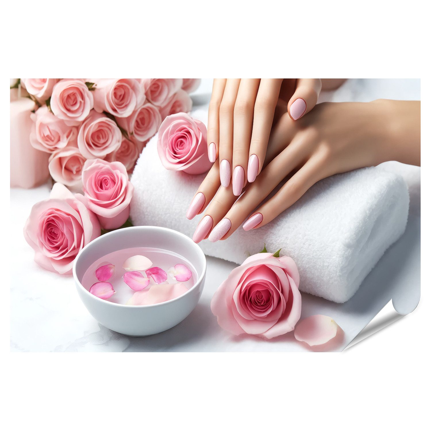 Wandbild Luxuriöse Hände mit rosa Maniküre auf weißem Handtuch Nagelstudio